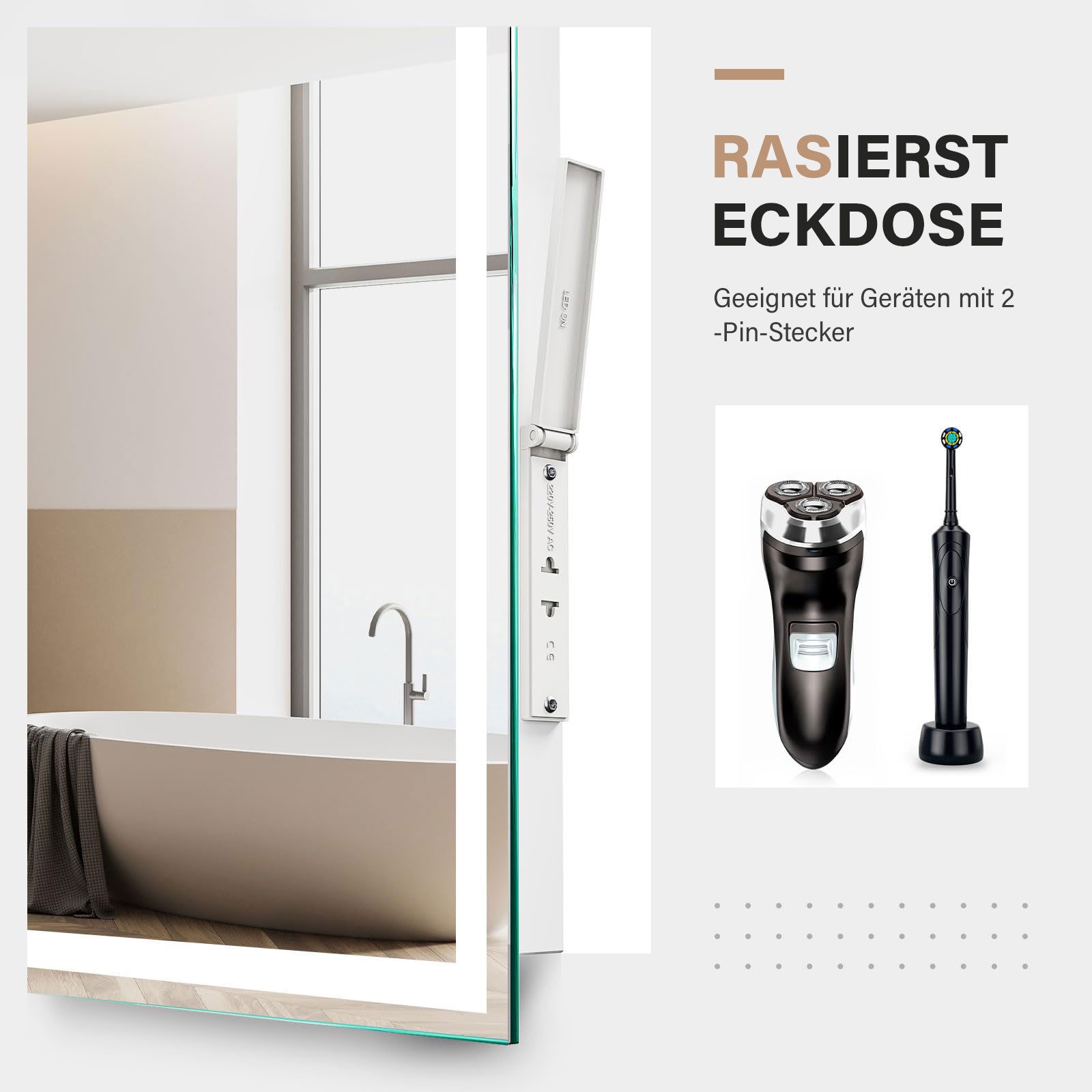 Dripex Badspiegel Led Wandspiegel Badezimmerspiegel fürs Wohnzimmer, Salon, 3-fache Bildvergrößerung/ uhr/ steckdose/ Bluetooth-Lautsprecher – Bild 5 von 5