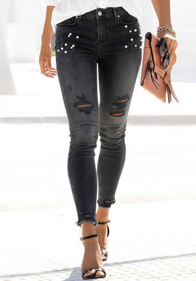 LASCANA Destroyed-Jeans mit Perlen, elastische Skinny-Jeans