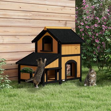 PawHut Tierhöhle Katzenhaus aus Holz, Katzenhütte mit mehreren Eingängen, 2 Etagen, mit Asphaltadach, Blumenkasten, für Katzen bis 7 kg, Gelb