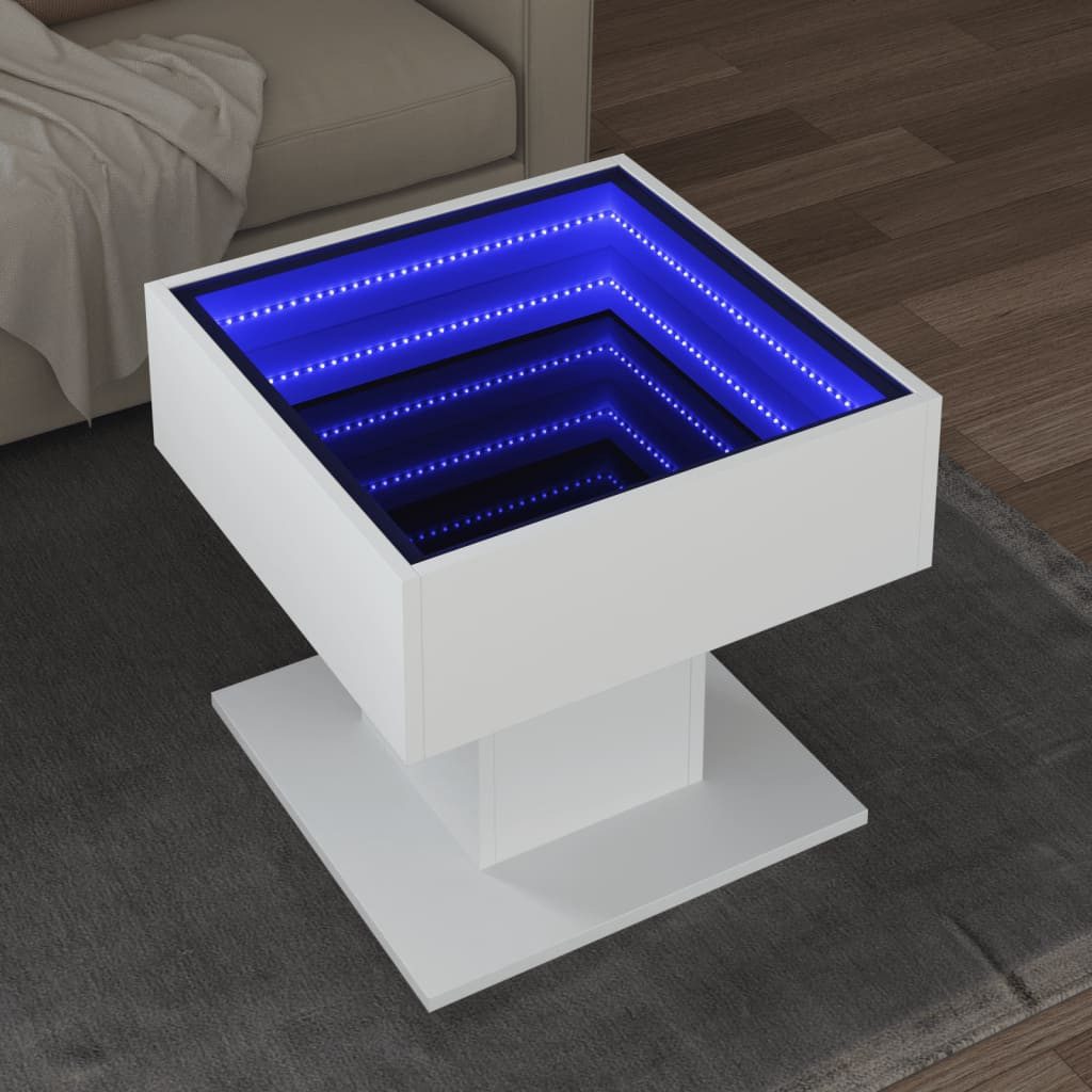 vidaXL Couchtisch NA LED Couchtisch Infinity-Spiegel Weiß 50x50x45 cm Spanplatte