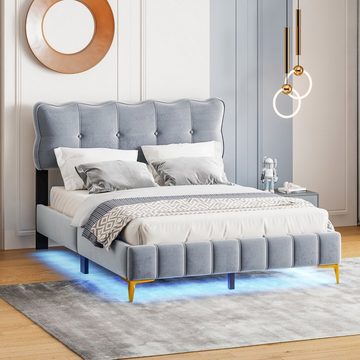 REDOM Polsterbett Doppelbett mit LED-Leuchten mit Rückenlehne mit Lattenrost (Samtstoff hohe Metallfüße 140 x 200 cm), ohne Matratze