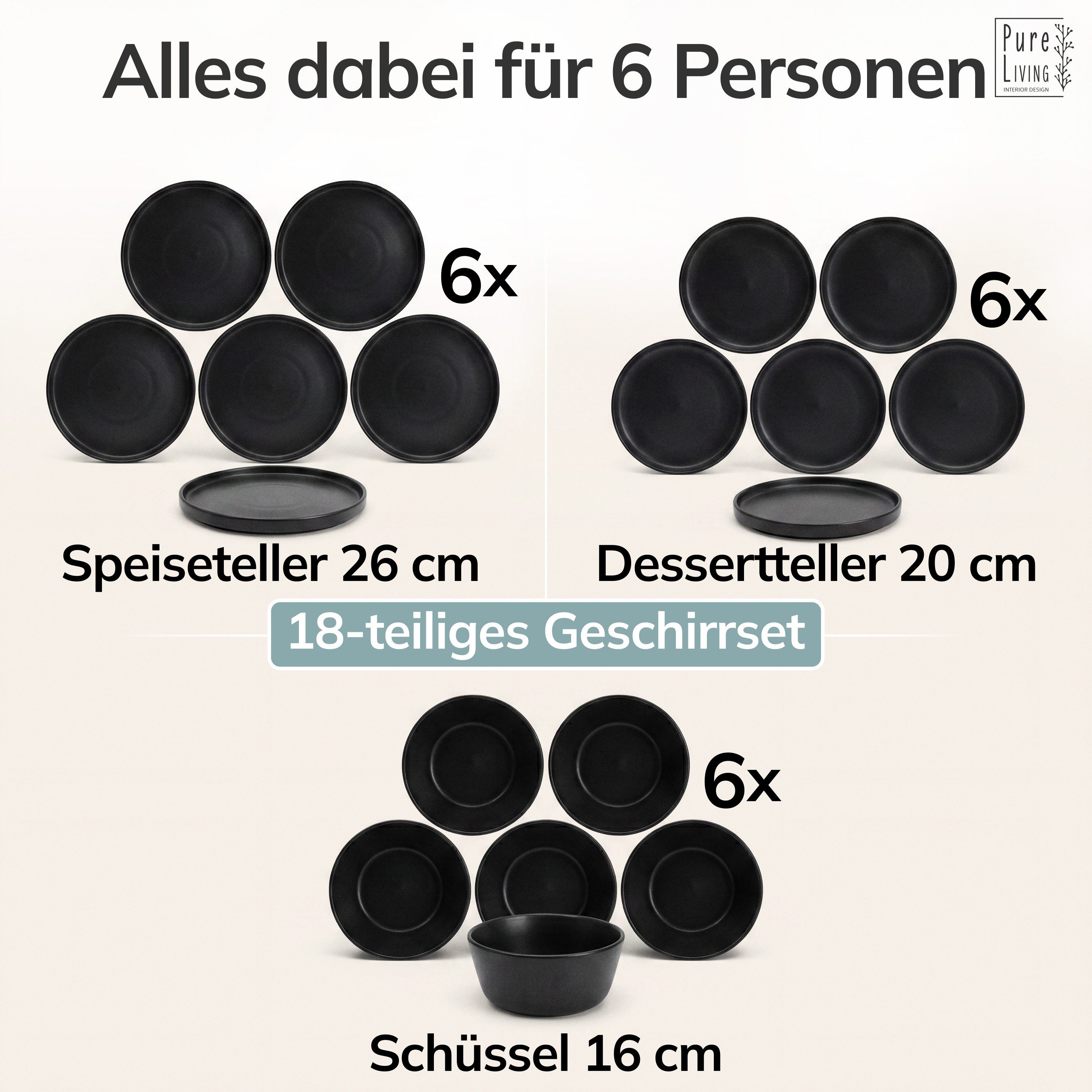 PURE LIVING INTERIOR DESIGN Geschirr-Set Manhattan aus Steingut, 18-tlg., für 6 Personen, Schwarz (18-tlg), 6 Personen, Steingut – Bild 5 von 5