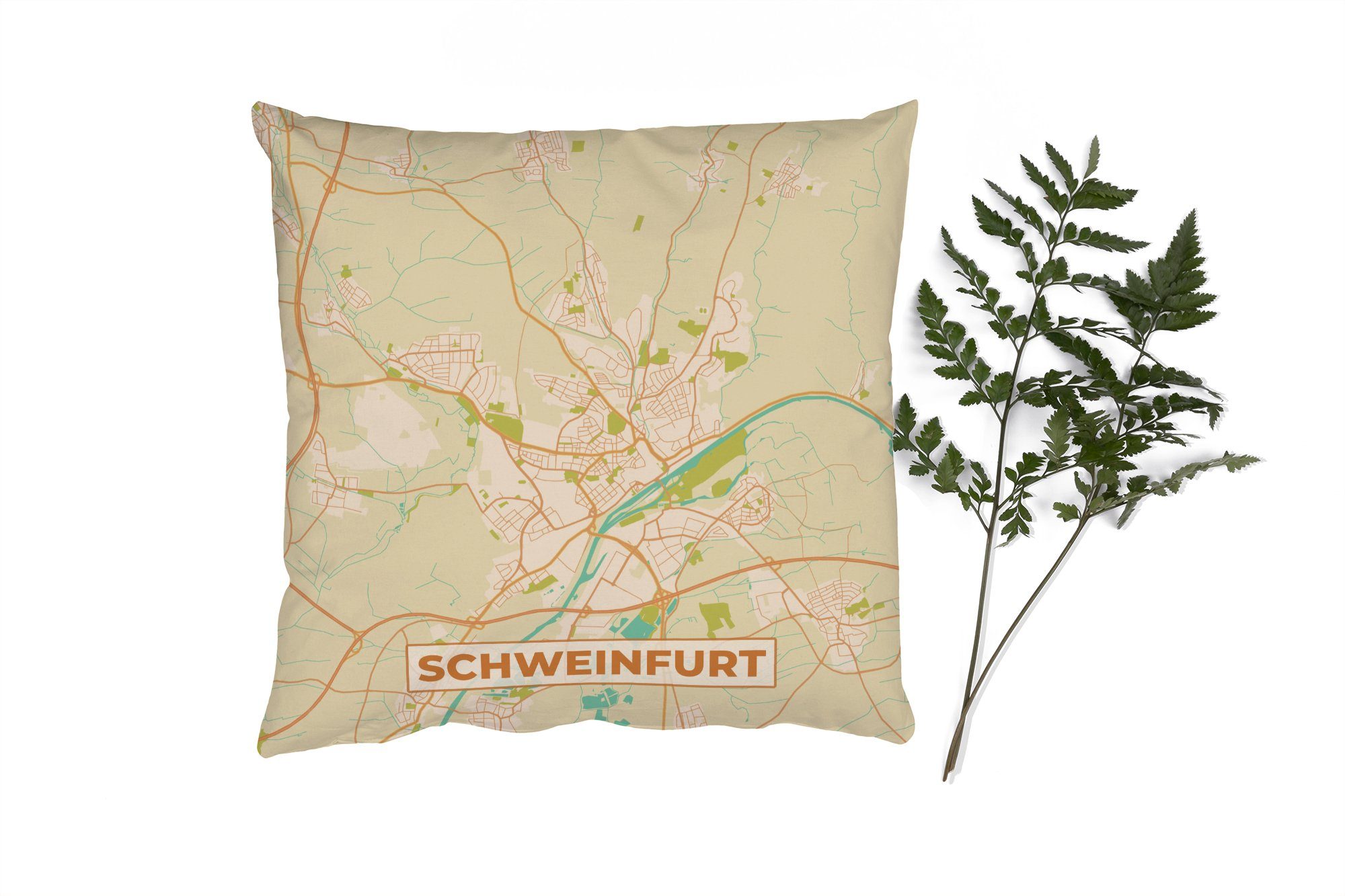 MuchoWow Dekokissen Stadtplan - Schweinfurt - Stadtplan - Vintage, Zierkissen mit Füllung für Wohzimmer, Schlafzimmer, Deko, Sofakissen