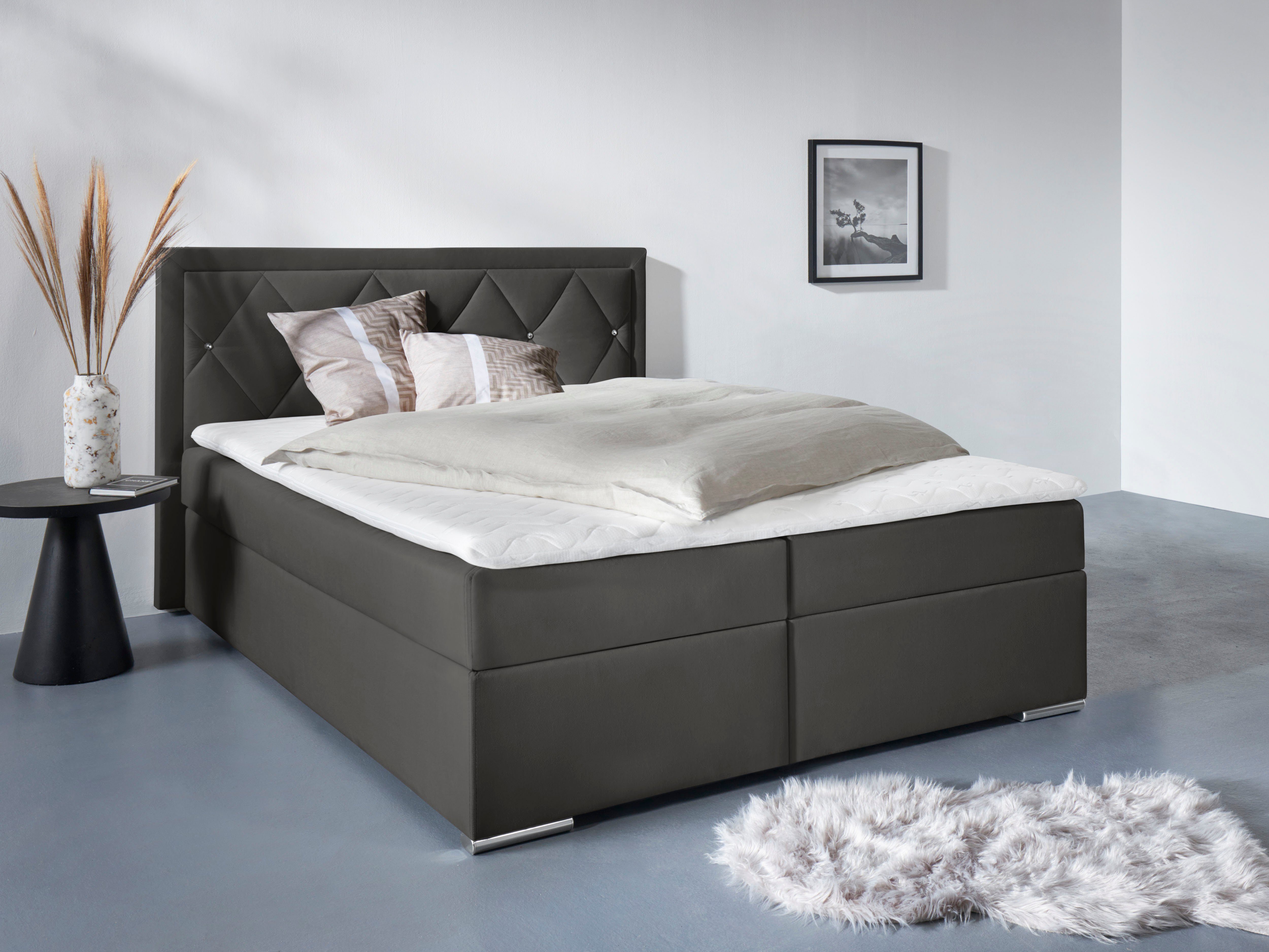 Home affaire Boxbett ALFIE, Polsterbett wahlweise mit Bettkasten, Samtvelours-Bezug (mit PUR-Schaumtopper (H2), Kaltschaumtopper (H3) oder Viscotopper (H4), mit Bonnell-oder Taschenfederkernmatratze H2,H3, H4, 120/140/180x200cm