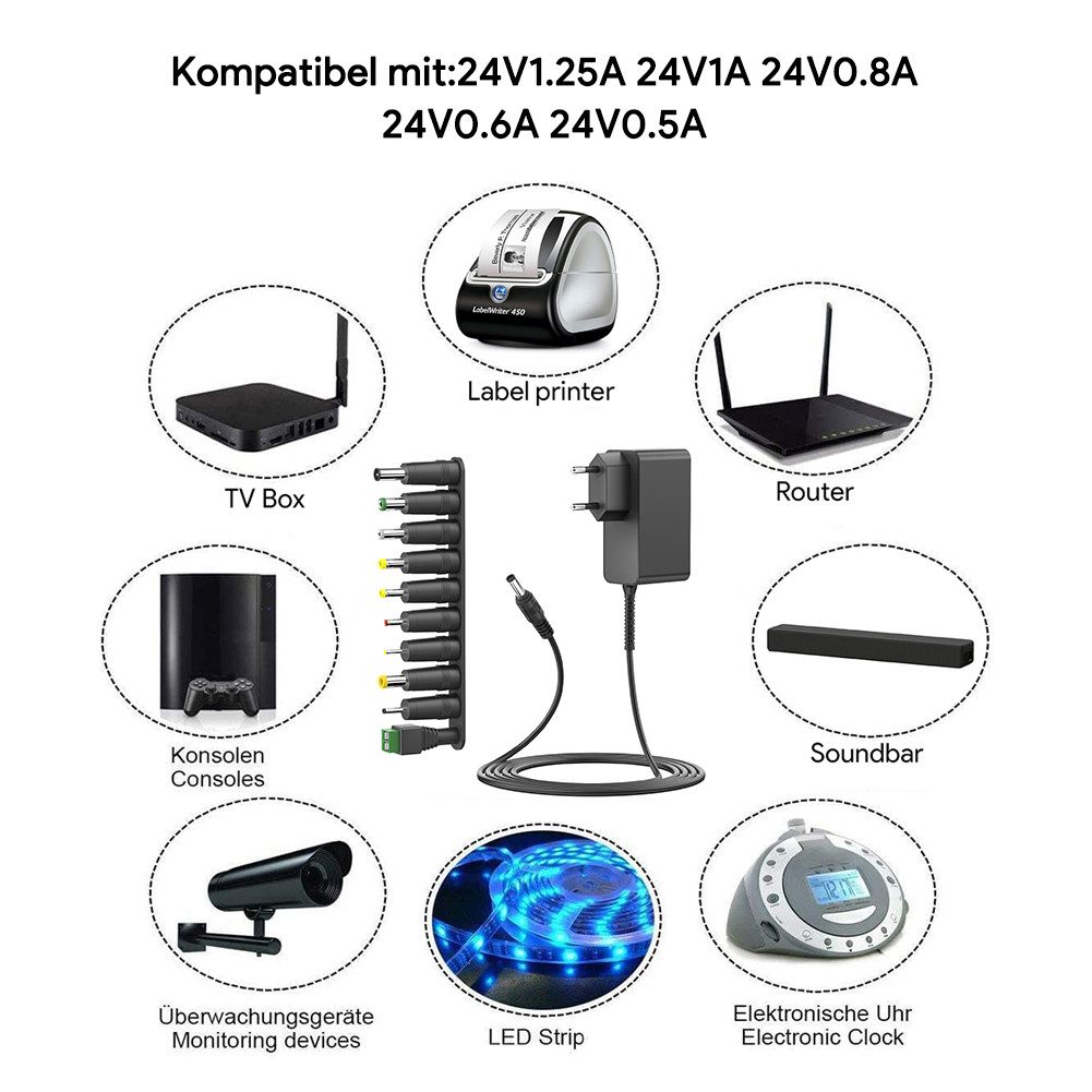 HKY 24V 1,25A Universal Adapter Heimtrainer Kettler AX1 Ergometer, E3,CX1 Notebook-Netzteil (Logitech Lenkrad Driving Force Pro/GT WA-18K24FK, G25 G27)