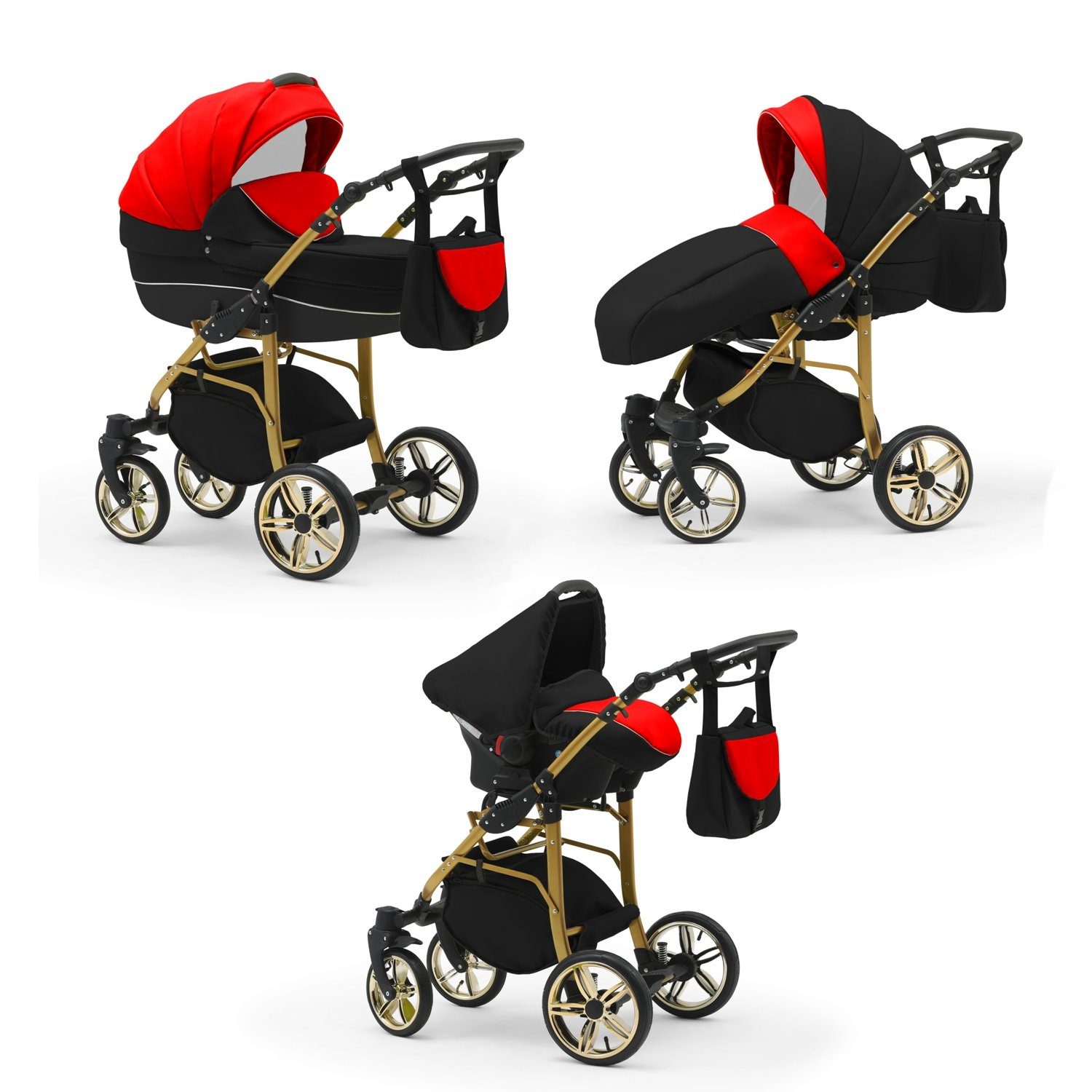 babies-on-wheels Kombi-Kinderwagen 3 in 1 Kinderwagen-Set Cosmo Gold- 16 Teile - in 46 Farben Rot-Schwarz