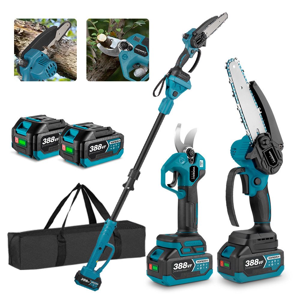 Yofidra Akku-Hochentaster 3-in-1 Bürstenloser Elektro Teleskop Hochentaster Astsäge Gartenschere, mit 2× Akku, 2 m Stangenlänge, Kompakte Hochentaster