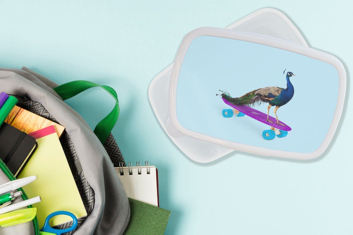 Kunststoff, Brotbox Erwachsene, - Lustig, für - - Brotdose, für Mädchen Jungs weiß und MuchoWow und Kinder Blau (2-tlg), - Pfau Tiere Skateboard Lunchbox