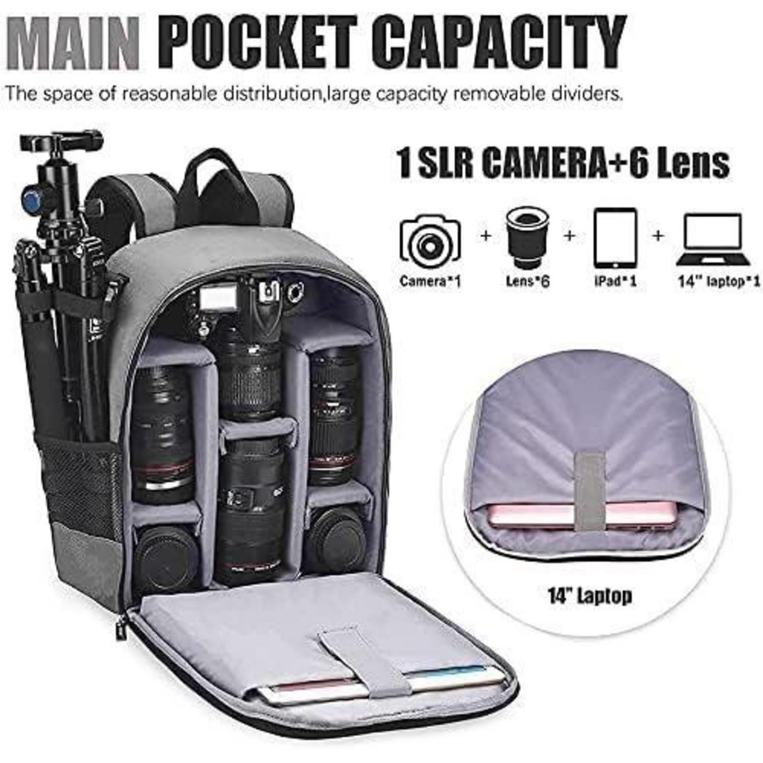 LuxusKollektion Fotorucksack Kamerarucksack Wasserdicht Fotorucksack DSLR/SLR Sony Canon Nikon Grau