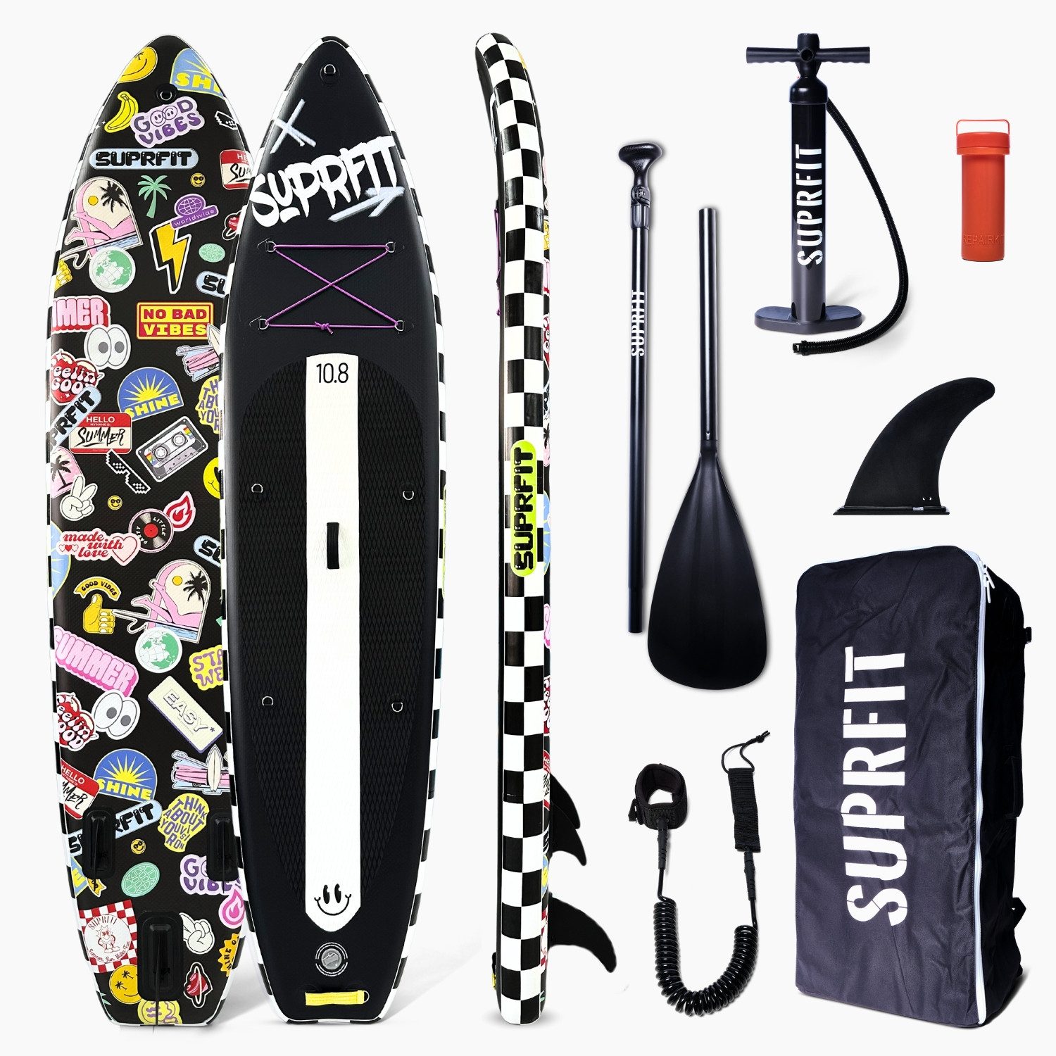 SF SUPRFIT Inflatable SUP-Board Stand-Up Paddling Board Funny Stickers – Black, Touring, All in one, Anti-Rutsch Deckpad, belastbares und langlebiges Material