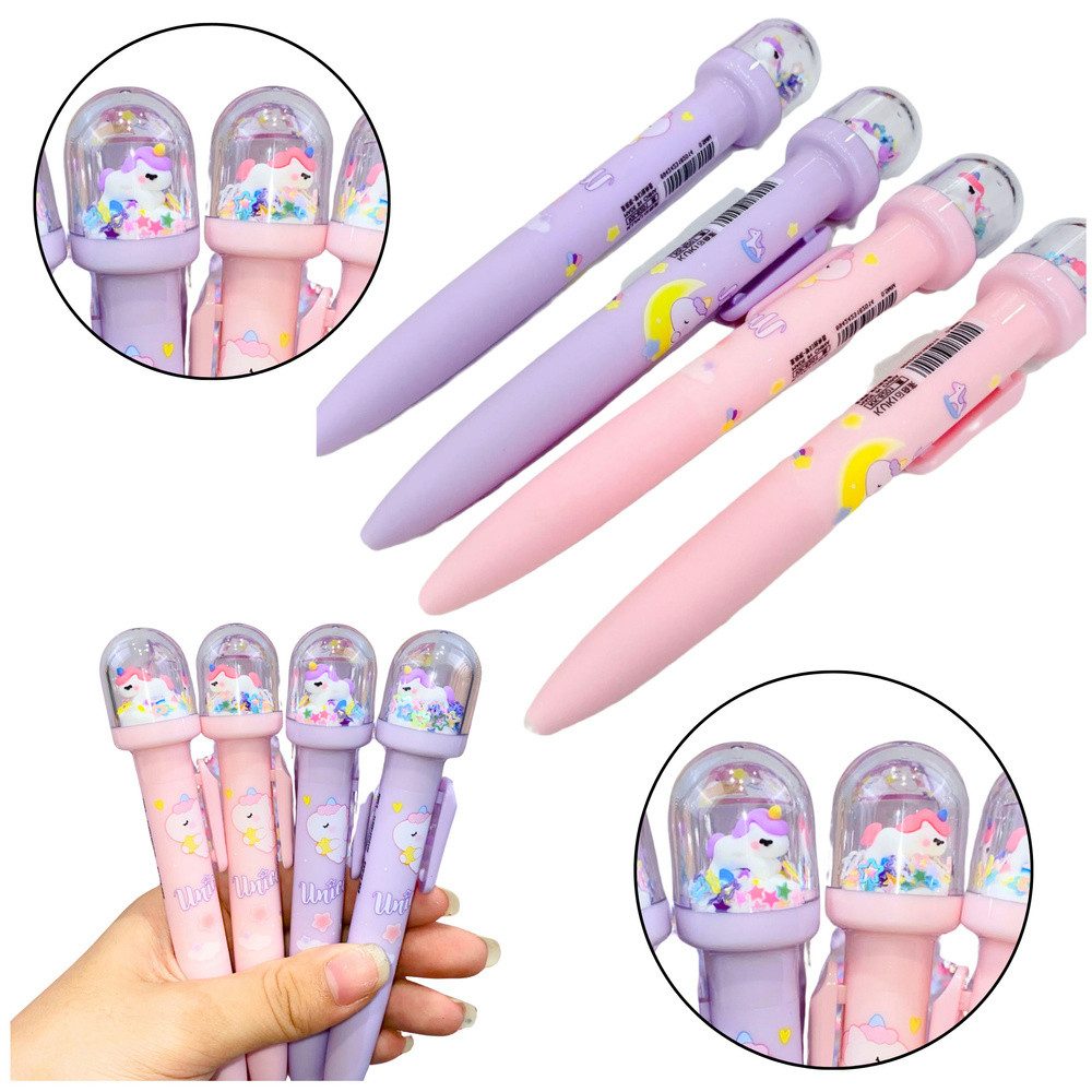 LEAN TOYS Kugelschreiber Glitzerstift Einhornstift Gelschreiber, (Spar-Set, 1-tlg., 14 cm glitzernd), Glitzerkuppel, Einhorn-Figur, blaue Tinte, 0,5 mm