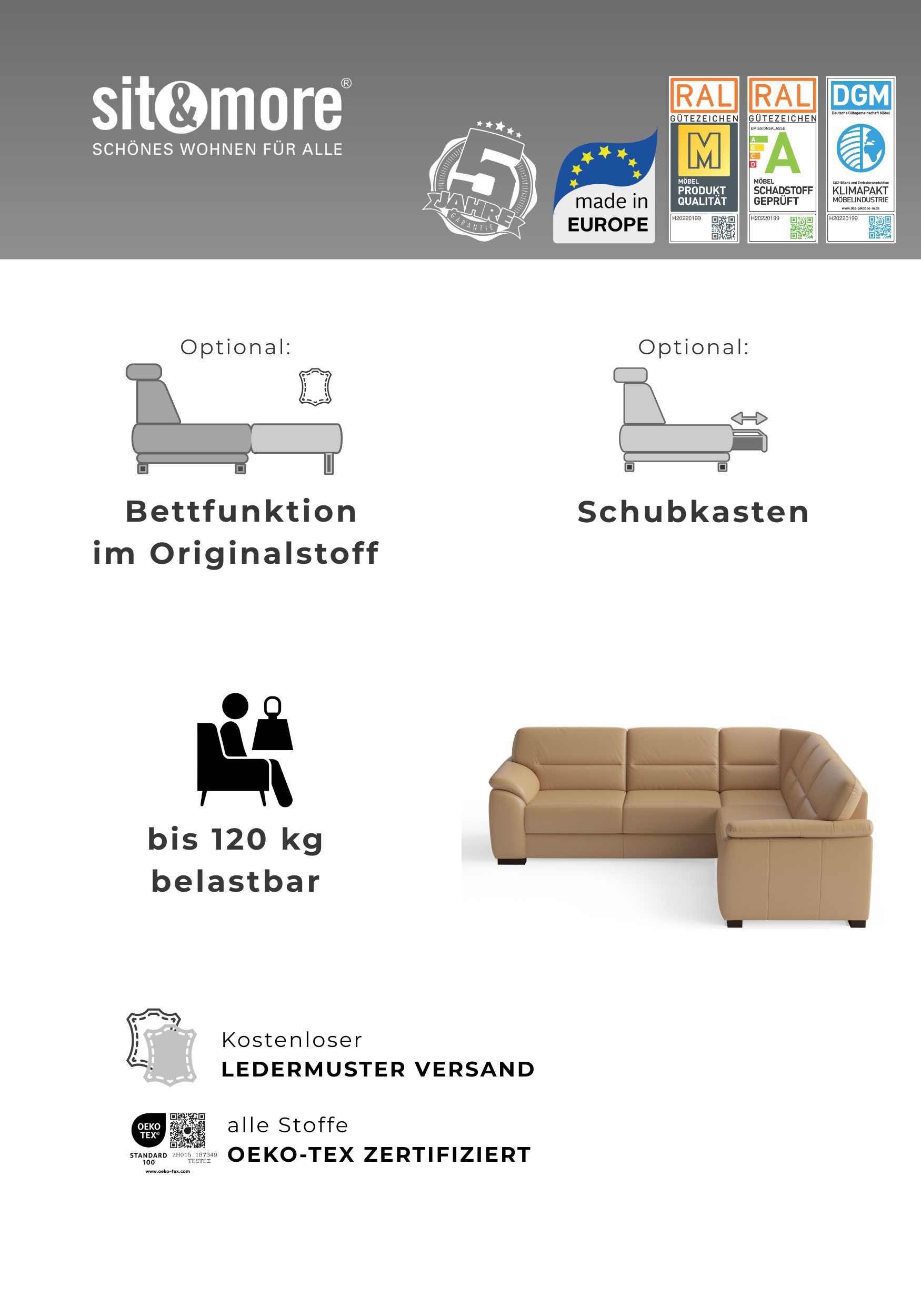 sit&more Ecksofa Montego Leder, L-Form, B: 255cm, wahlweise mit Schlaffunktion und Schubkasten