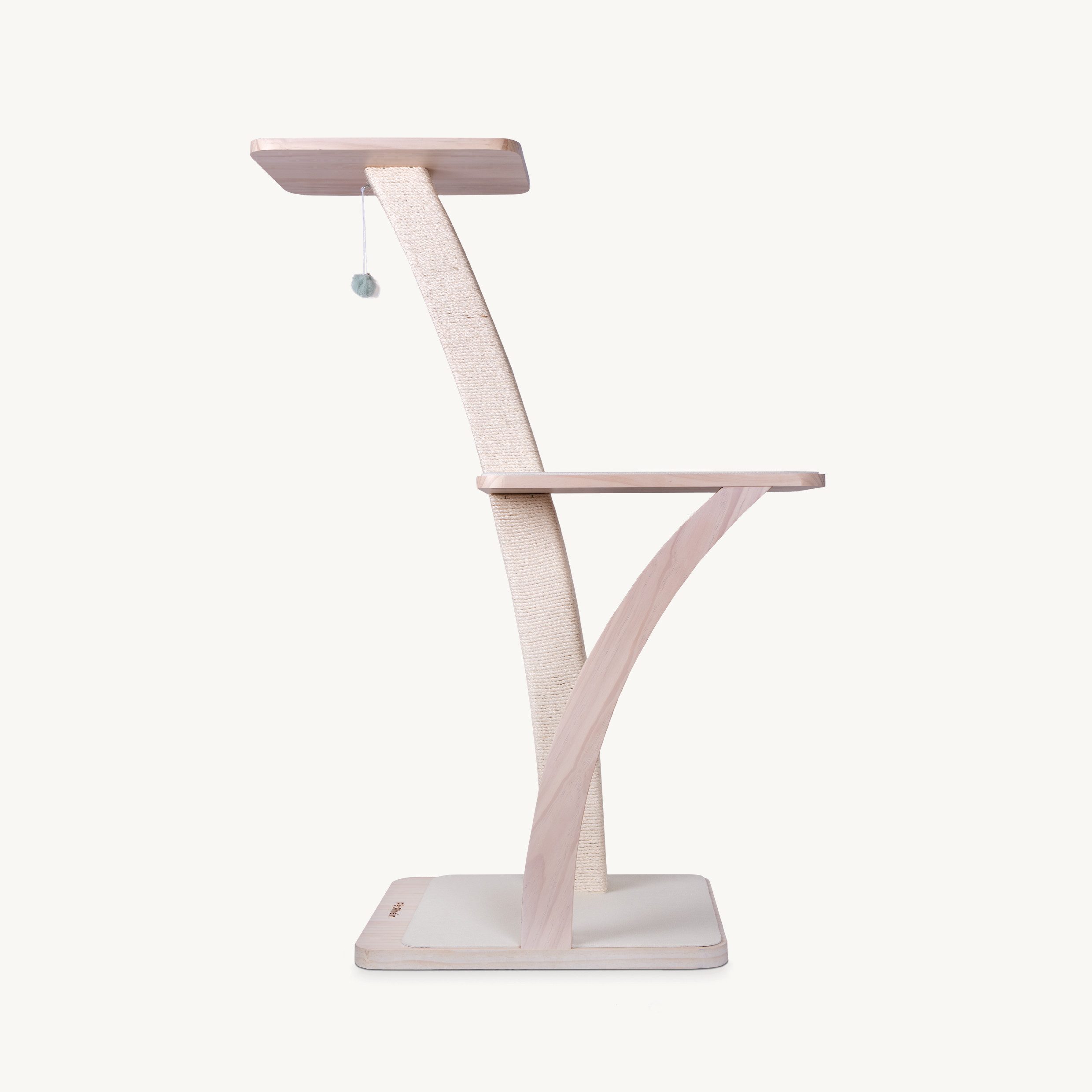 PetRhein Kratzbaum stilvoller Katzenbaum Coconut aus robustem Massivholz mit Plüschbällen, 2 Plattformen, Kletterbaum, Katzenmöbel mit Sisal, mit Spielzeug