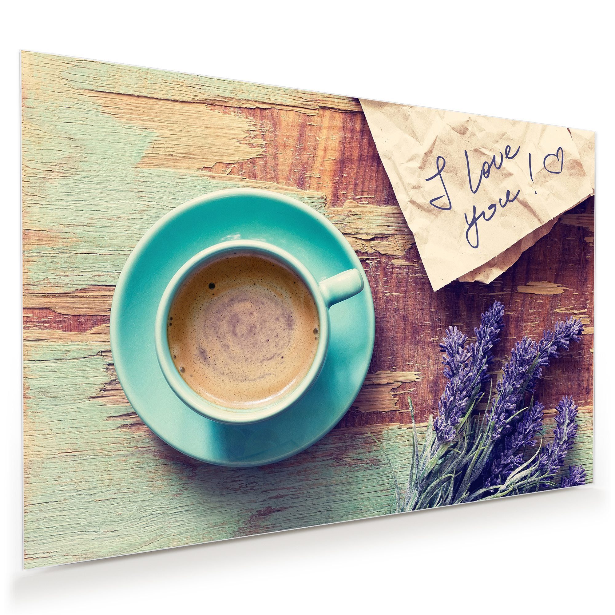Primedeco Glasbild Wandbild Kaffeetasse und Lavendel mit Aufhängung, Kaffee