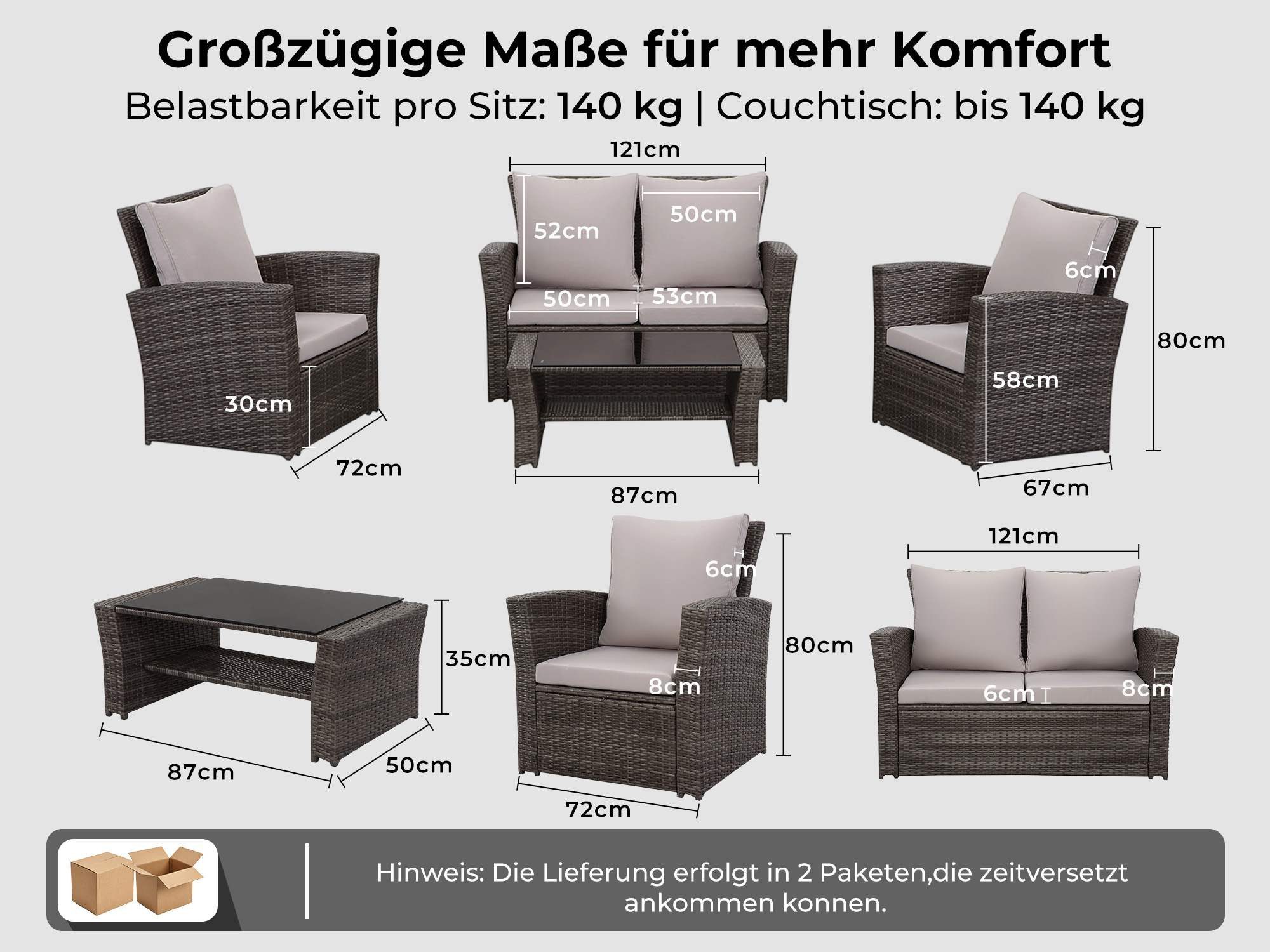 MeXo Gartenlounge-Set Polyrattan Gartenmöbel Set für 4 Personen, wetterfest, (Balkonset Sitzgruppe, 4-tlg., mit Tisch & Stauraum), hohe Rückenlehne 80 cm, breite Armlehnen 8 cm