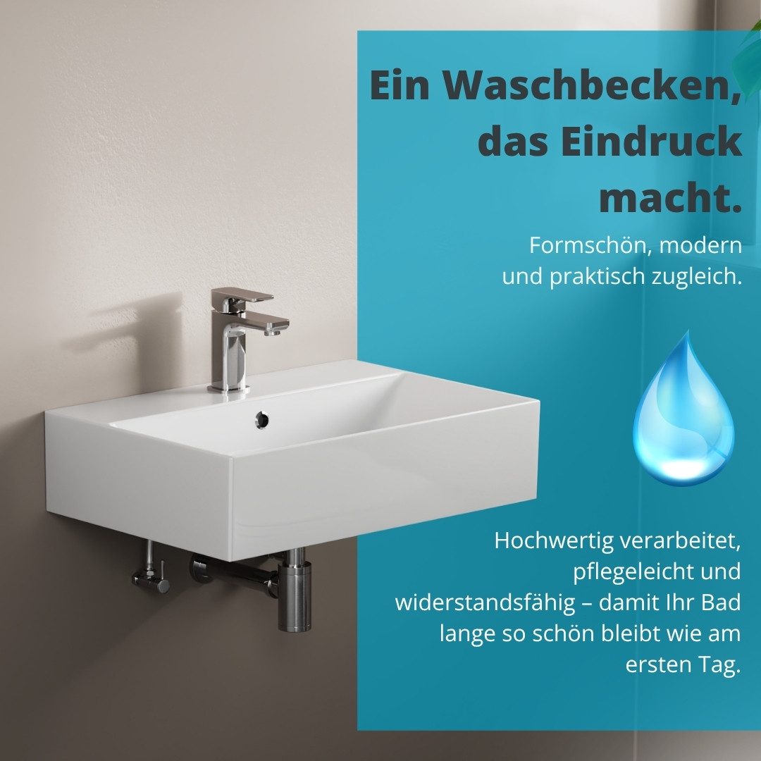 Aqua Bagno Waschtisch Aqua Bagno Keramik Waschtisch Waschbecken Aufsatz 60cm weiß Elegant (Aufsatzwaschbecken, 60x42cm), weiß, rechteckig, mit Hahnloch & Überlauf