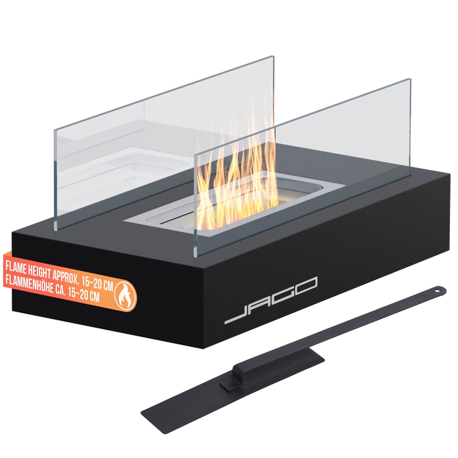 Jago Tischfeuer Tischkamin - Edelstahl, Bio-ethanol, inkl. Löschgerät, Schwarz