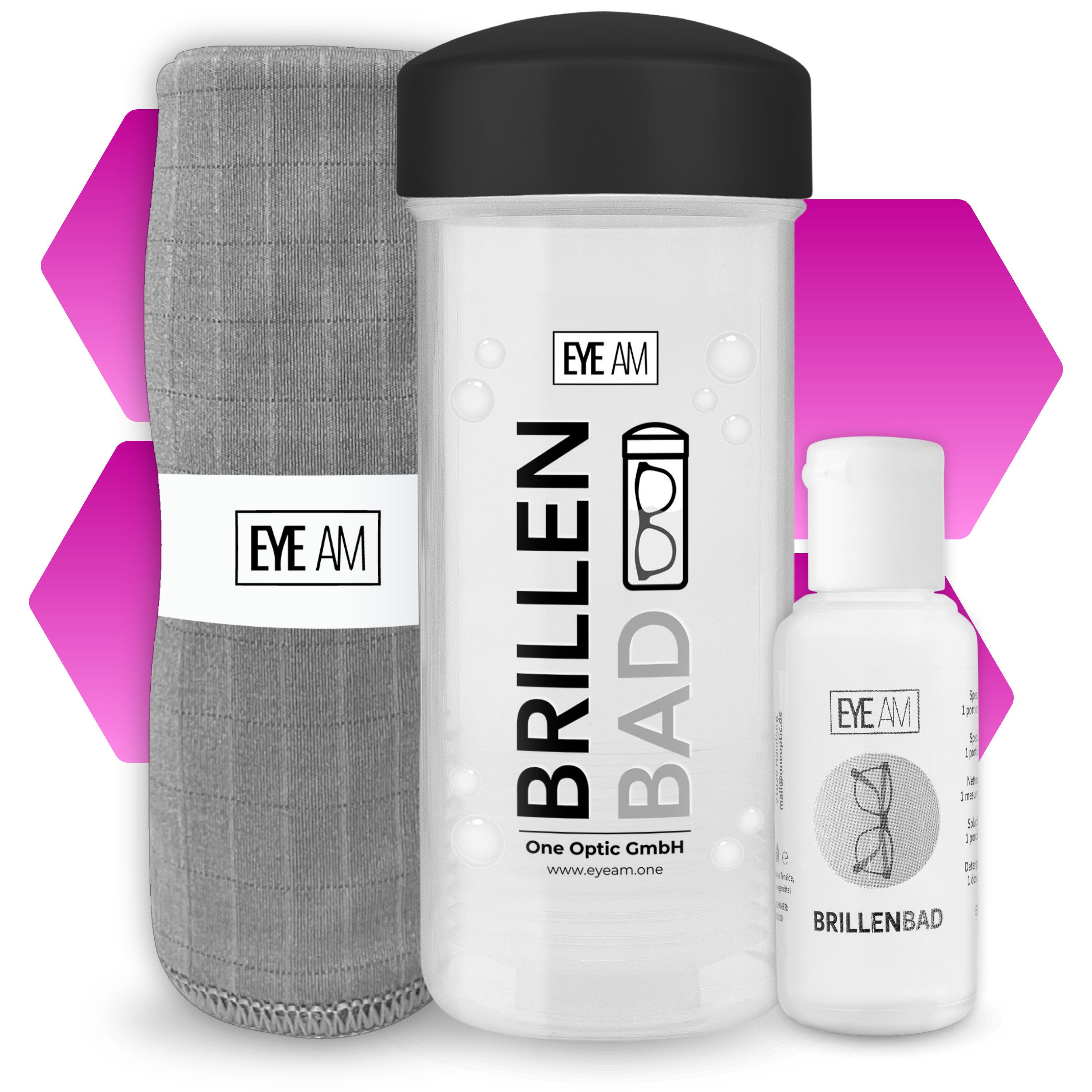 EyeAm Brillenbad Set inkl. 50ml Konzentrat & Mikrofasertuch, Reinigungskonzentrat (im Set mit 50ml Spezialreiniger & Mikrofasertuch 40x40 cm)