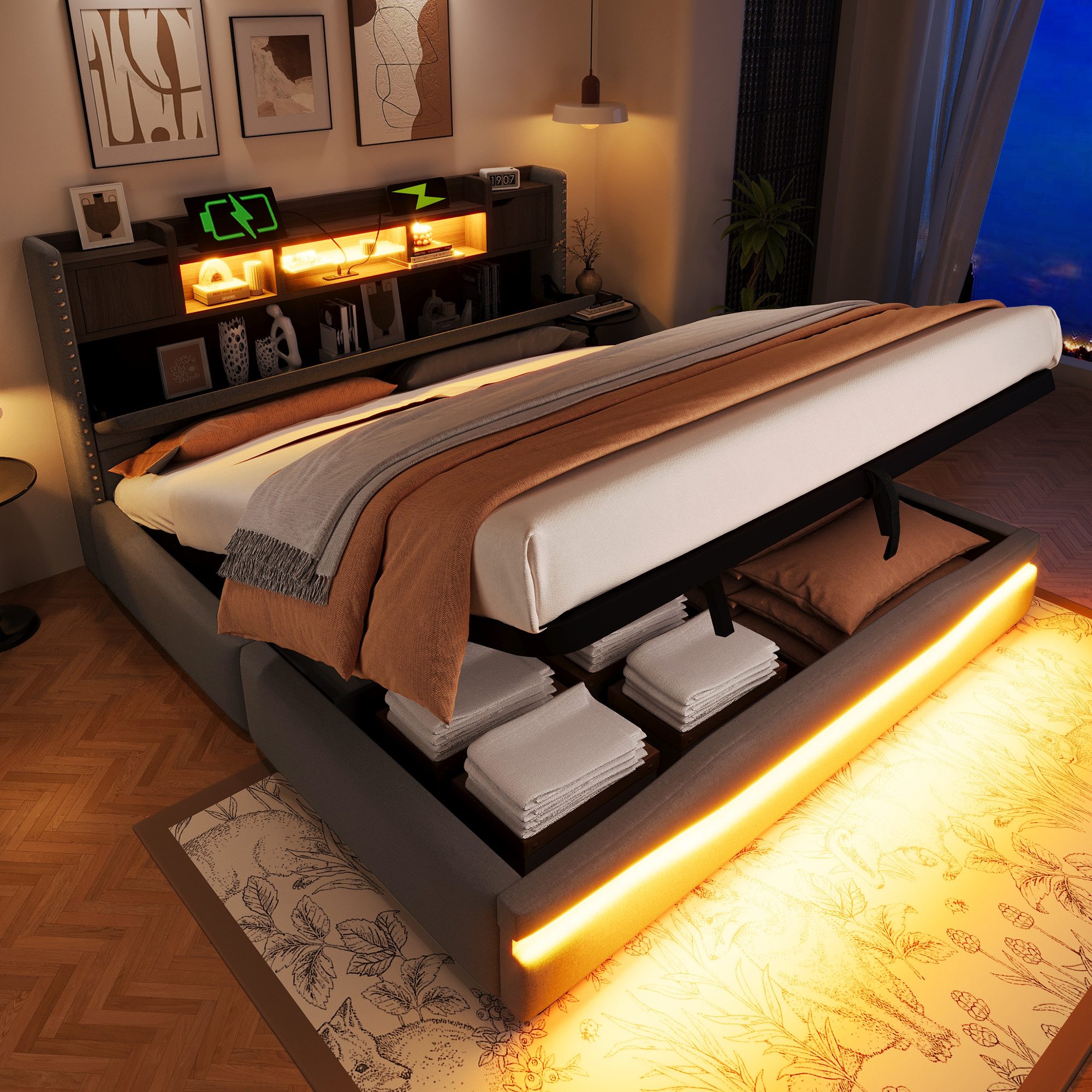 TavilaEcon Boxspringbett Polsterbett mit mit hydraulischem Bettkasten, LED & Steckdosen, Doppelbett 180x200cm, Bettkasten, USB-Typ-C-Anschluss, Grau