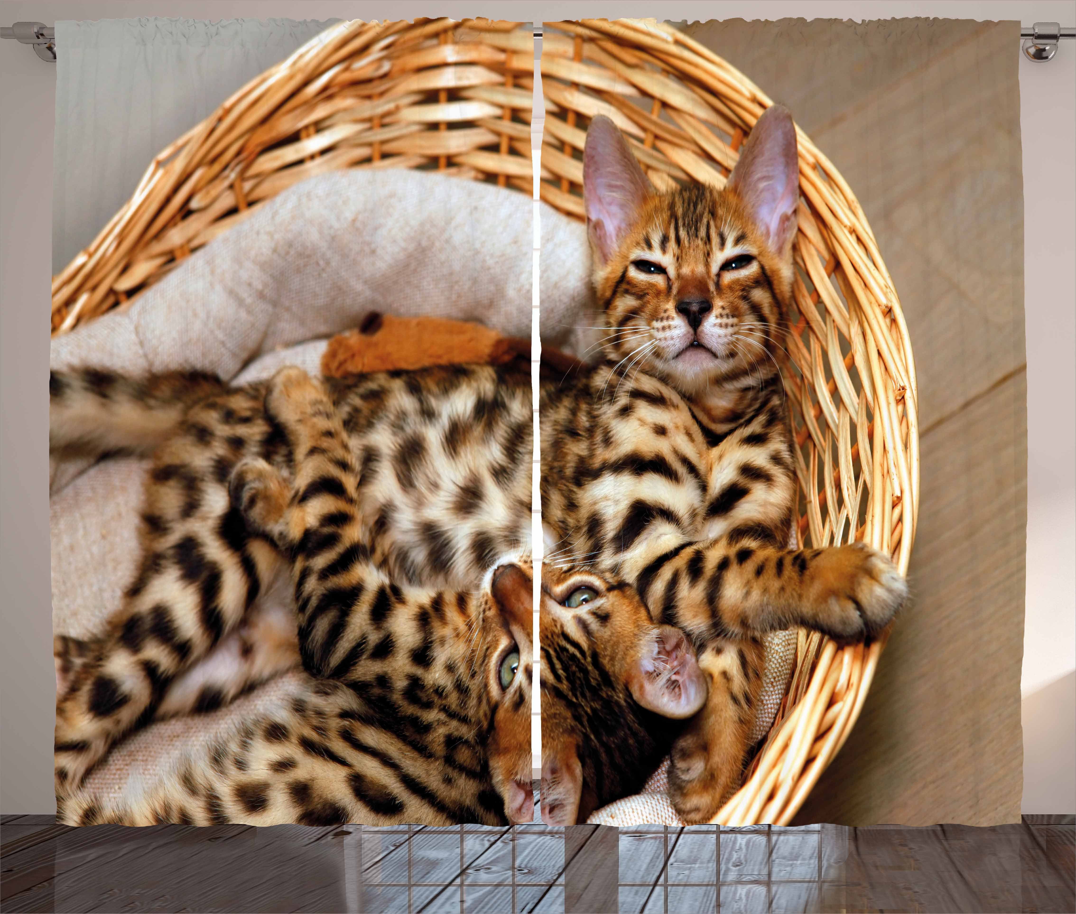 Riesiger Verkauf! Gardine Schlafzimmer Kräuselband Vorhang Bengal-Katzen und Haken, im Korb mit Abakuhaus, Kätzchen Schlaufen