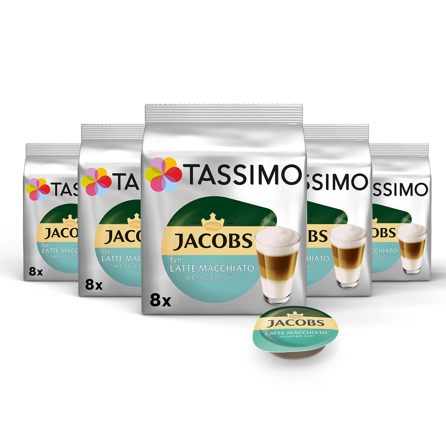 TASSIMO Kaffee Kapseln Typ Latte Macchiato Weniger Süß Discs 40 Getränke, (Packung, 5er Pack)