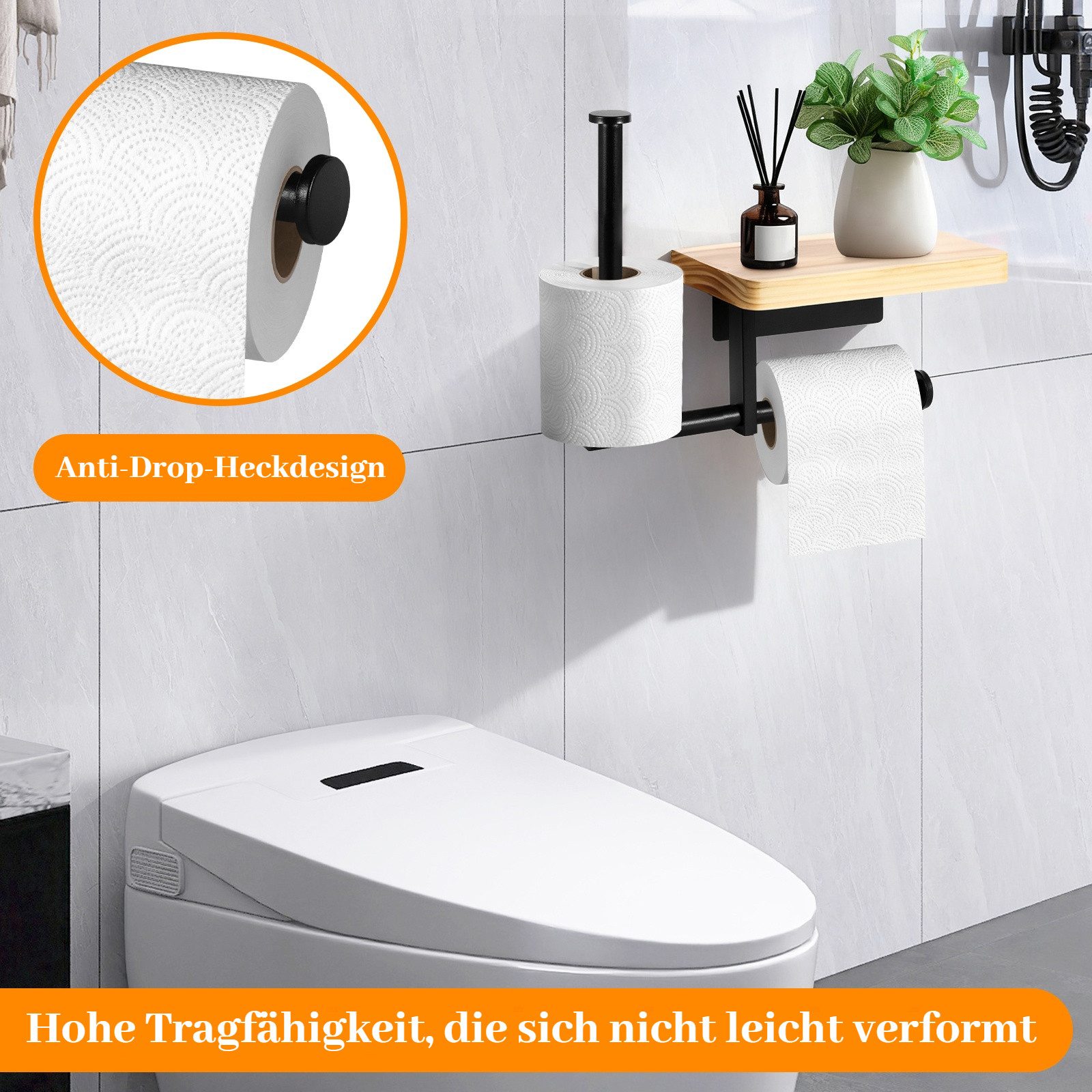 BlingBin Toilettenpapierhalter Klopapierhalter mit Ablage WC Papier Halterung Ohne Bohrung (1er Set, 1-St., 31,6 × 12 × 22 cm), Klorollenhalter mit Ablage für Bad und Küche, stilvoll, platzsparend