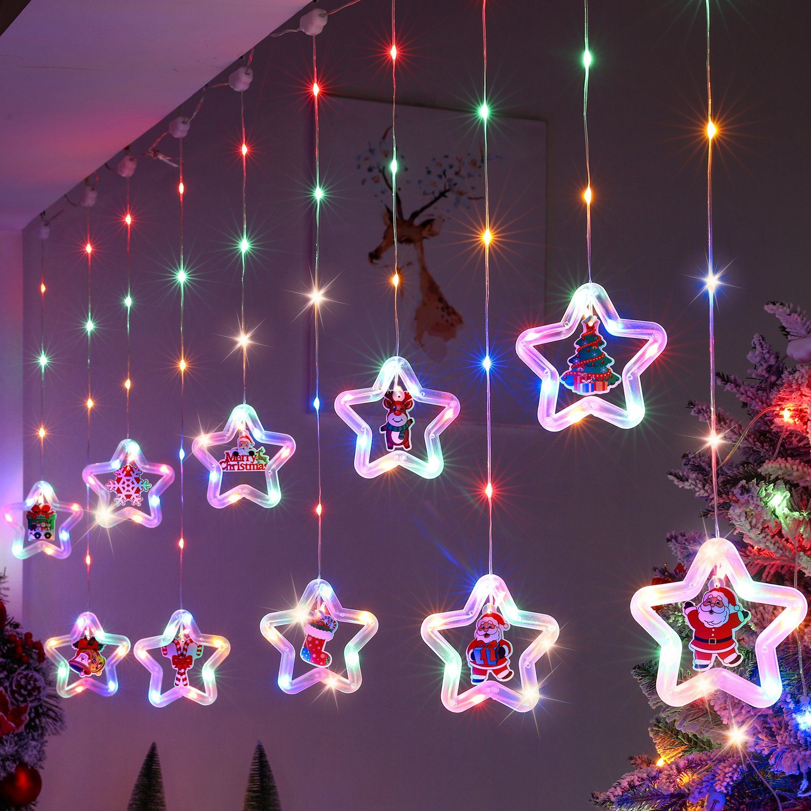 Sunicol LED-Lichtervorhang 3M Modi Lichterkette Deko, Mehrfarbig Garten mit LED 8 Party mit Timer, LED Fensterbeleuchtung Warmweiß/RGB, Batterien/USB Weihnachten Fernsteuerung