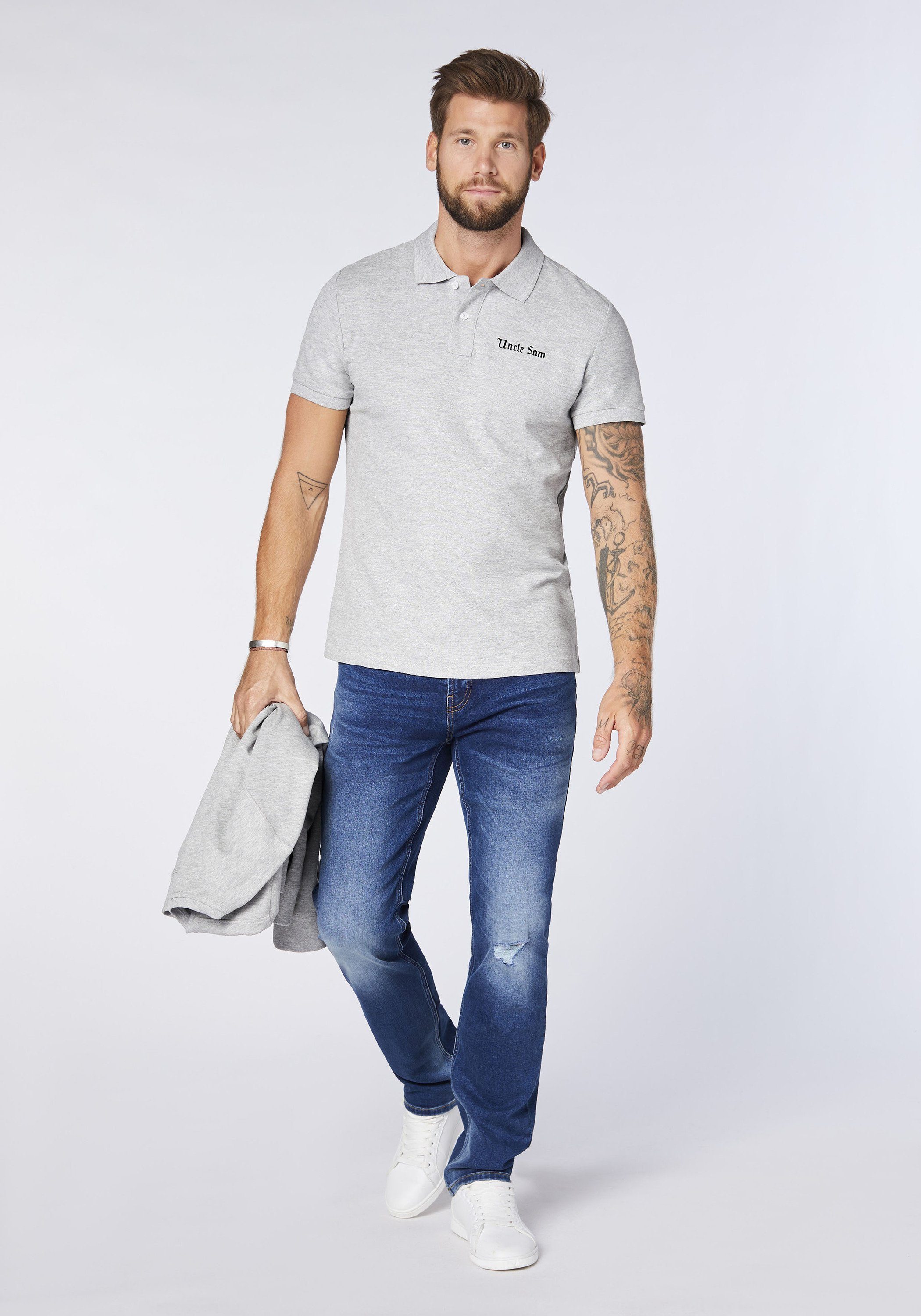 Rückenprint Uncle Gray mir Neutral Poloshirt Melange großem Sam 17-4402M