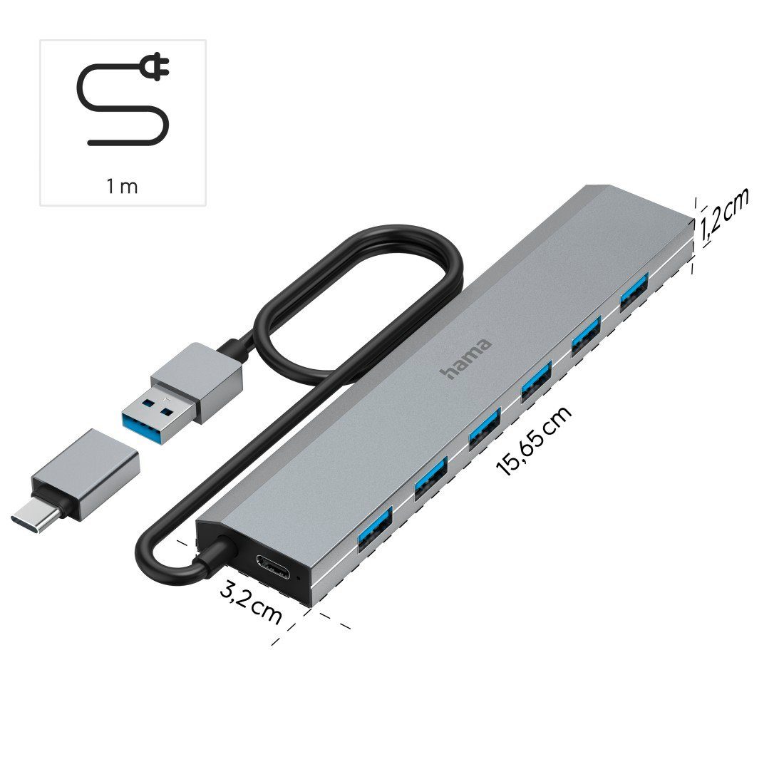 Hama USB Hub mit Netzteil und Adapter, 7 Ports mit USB C und USB A Stecker USB-Adapter USB Typ A, USB Typ C, 100 cm