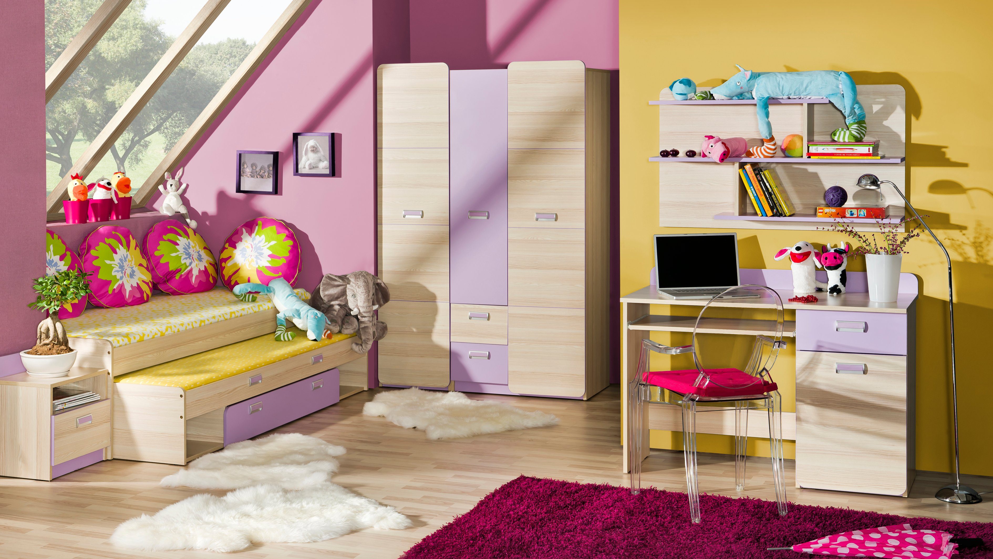 Stauraum, Design, Esche Mehrzweckschrank) mit Kinderkleiderschrank Türanschlag, für Modern Einlegeböden, Lila Laterne Stylefy wechselbarer (Kinderschrank, 2-türig, Kinder - viel