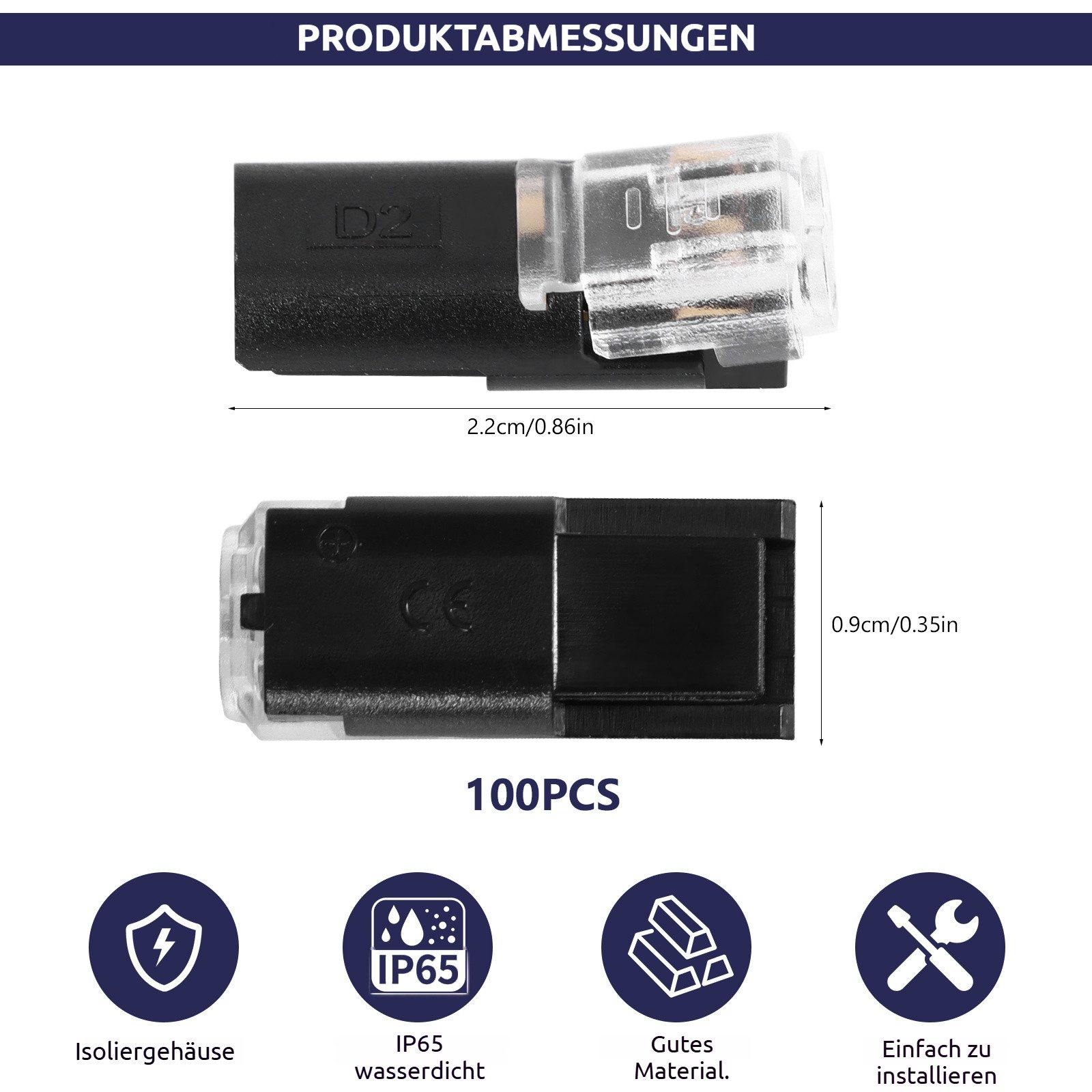 BlingBin Kabelverbinder-Sortiment 100 Stück 2‑polige Kabelsteckverbinder, wasserdicht hitzebeständig, 100er Set, 100-tlg., 100 Stück 2-Polig Kabel Steckverbinder Stecker, für 18‑24 AWG LED‑Streifen Verlängerungskabel