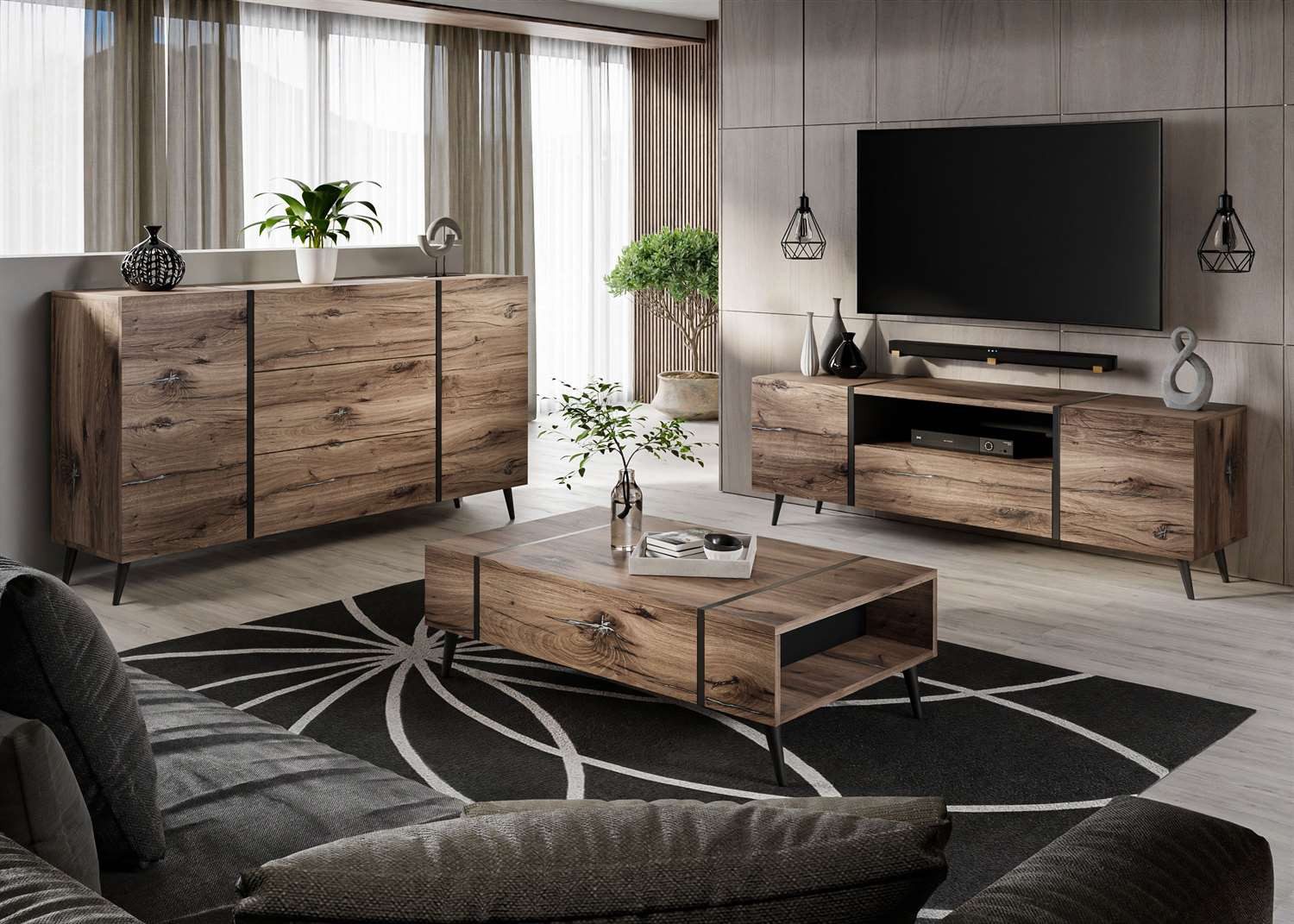 ALLHOUSE24 Wohnzimmer-Set Flagstaff Eiche LOFT Kommode Couchtisch TV Schrank Möbel-Set, (3-St), Das Set besteht aus: Kommode, TV Schrank, Couchtisch