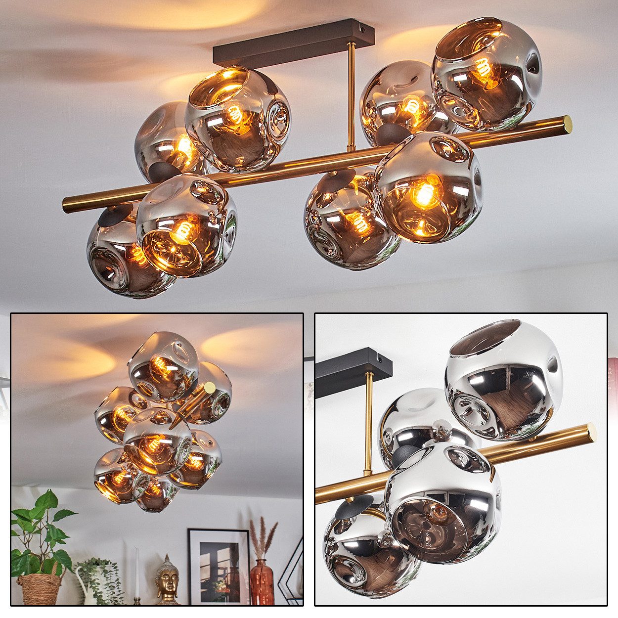 hofstein Deckenleuchte Deckenlampe aus Metall/Glas in Schwarz/Gold-/Chrom-/Rauchfarben, ohne Leuchtmittel, Deckenleuchte im Retro/Vintage-Design (Schirme Ø 15 cm), 8 x E14