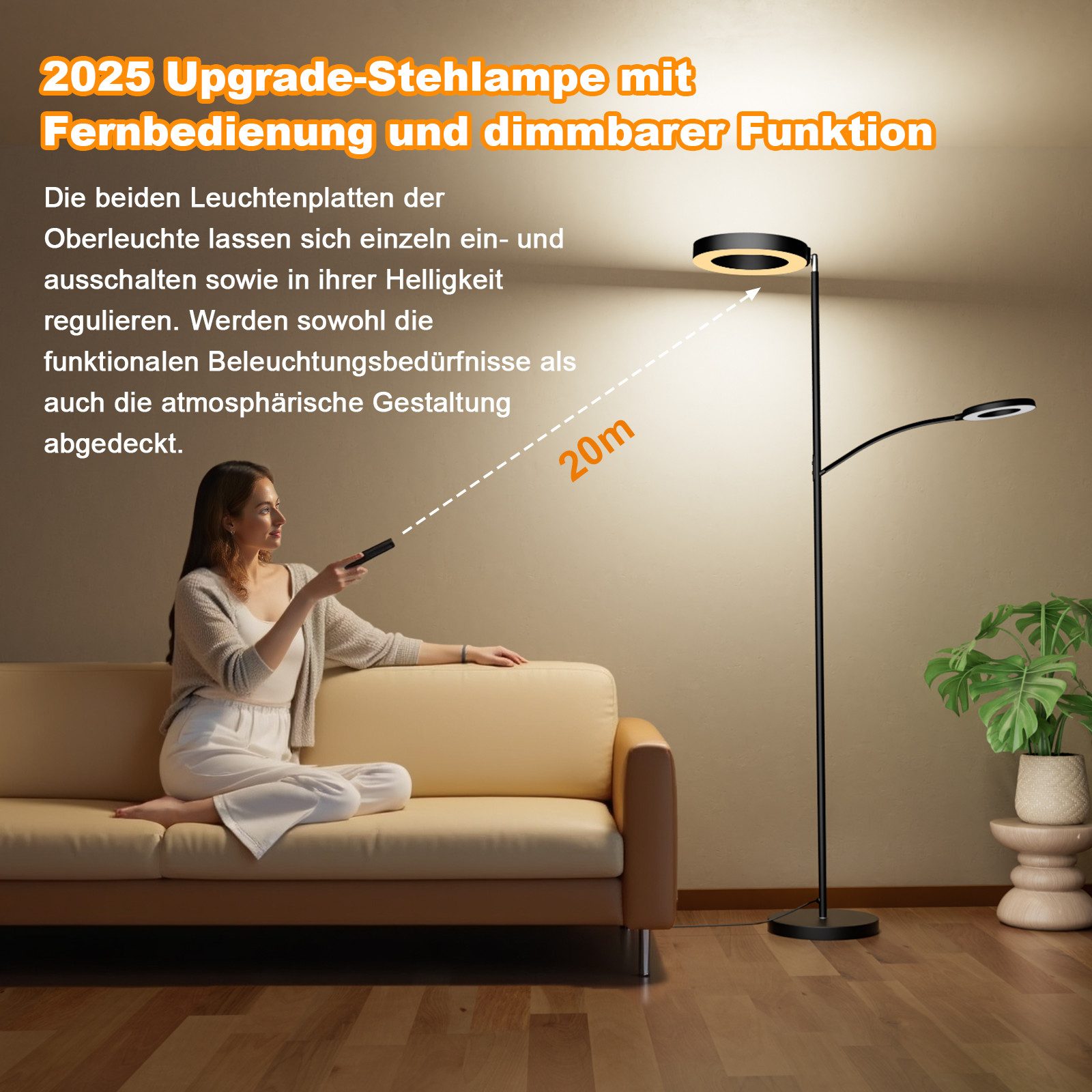 Lujasi LED Stehlampe 36 W Dimmbarer Deckenfluter mit Fernbedienung & Memory-Funktion, Leselampe, LED fest integriert, Weißes Licht, Warmes Licht, Natürliches Licht, Stufenlos dimmbare LED-Stehleuchte für Wohn- & Schlafzimmer