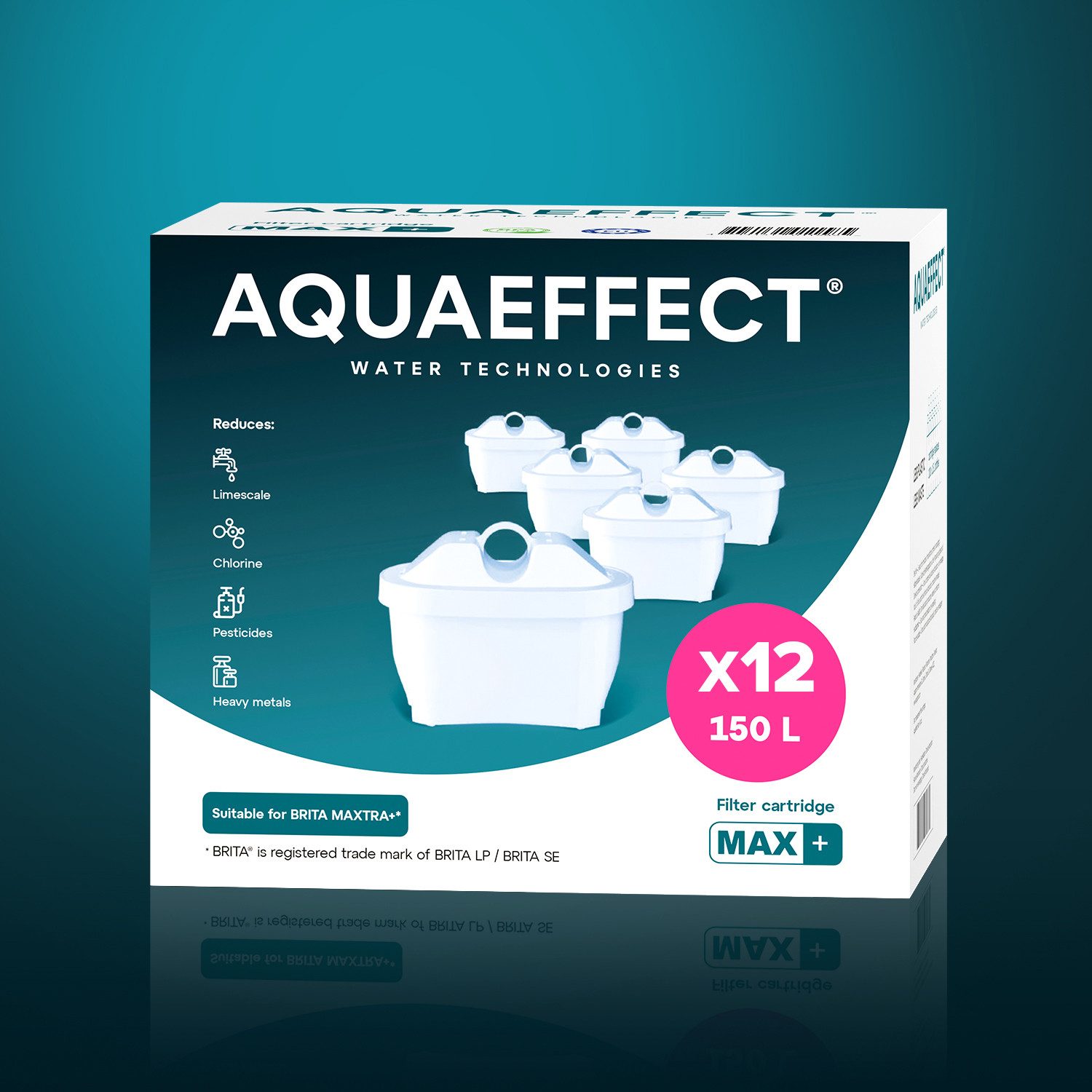 Aquaeffect Kalk- und Wasserfilter MAX+, Pack 12, 150l. Kapazität pro Kartusche, Zubehör für Kompatibel mit Filterkannen mit ovaler Form der Filterkartuschen/ Reduziert Chlor, Phenol, Pestizide, Benzol, Schwermetalle, Medikamente