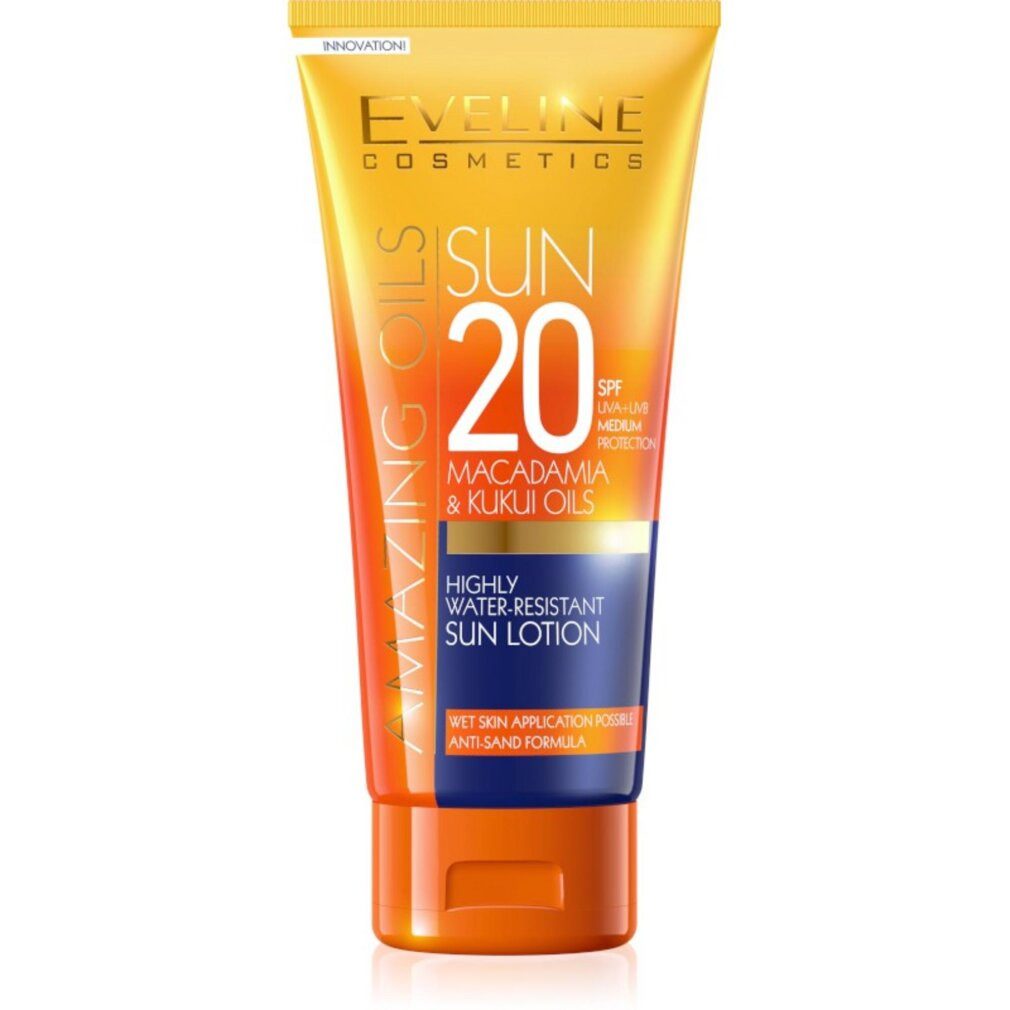 Eveline Cosmetics Sonnenschutzpflege, Amazing Oils, Macadamiaöl, pflegende Sonnenschutzlotion, SPF20