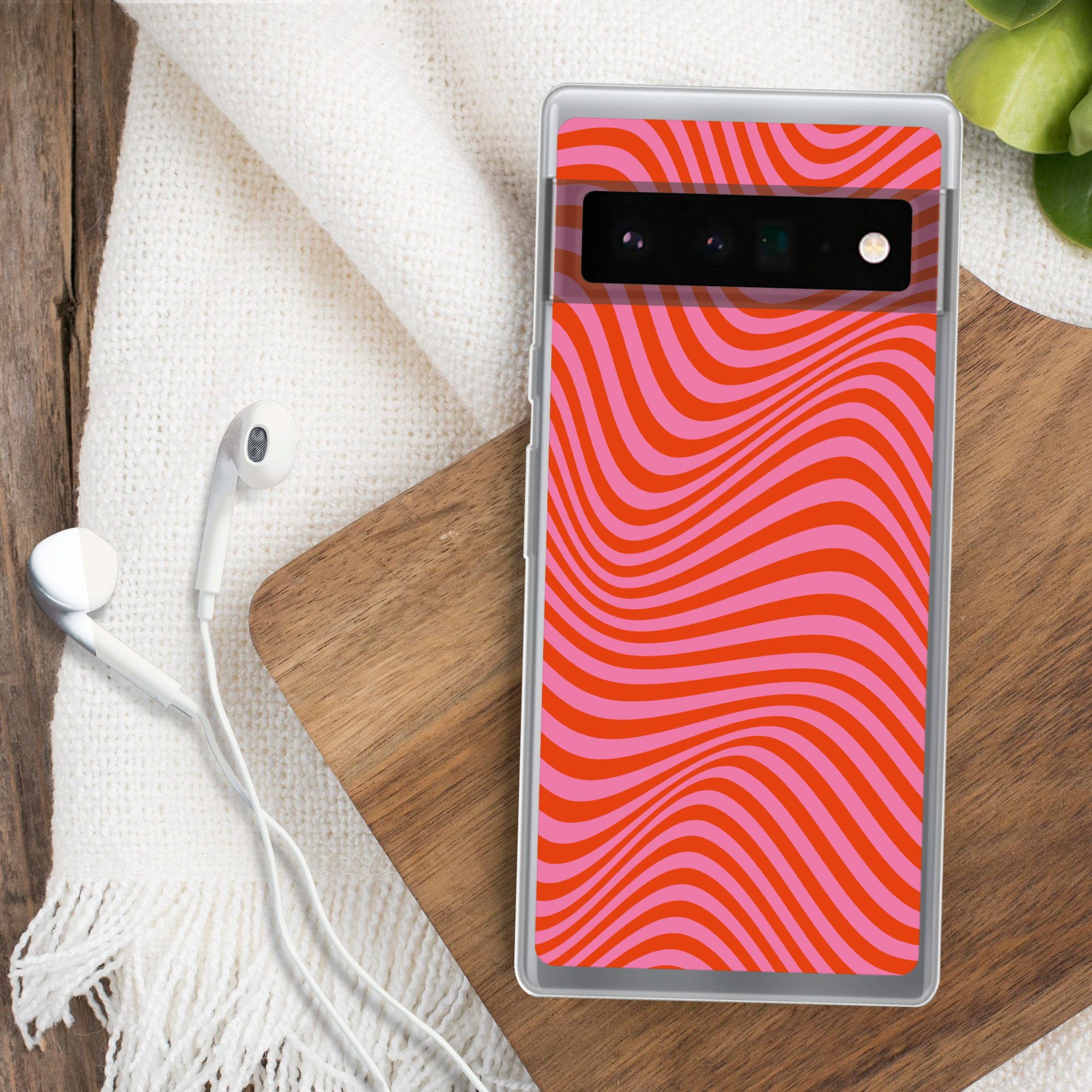 MuchoWow Handyhülle für Google Pixel 6 Pro Wellenförmiges Muster - Rot - Rosa - Linien, Handy Case, Silikon, Bumper Case Dünn