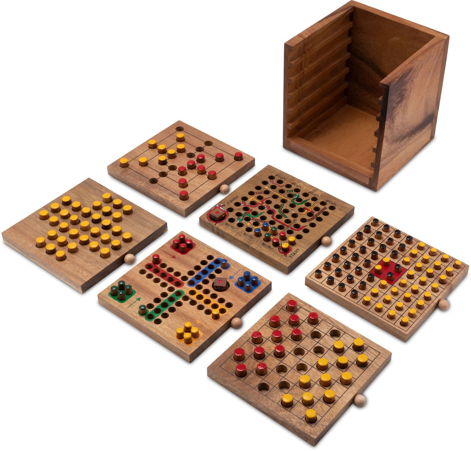 LOGOPLAY Spiel Spiele-Box, Gesellschaftsspiel, Spiele-Sammlung aus Holz 6 Klassiker in dekorativer Box für 1 4