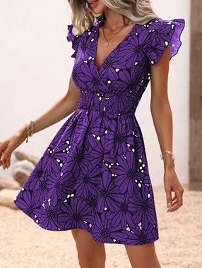 BlauWave Druckkleid V-Ausschnitt Taille Sexy Large Floral Ruffle Ärmelloses Kleid (Bequeme Passform, 1-tlg., Für den Alltag unterwegs) Kleid mit Schmetterlingsärmeln und Blumenmuster