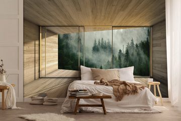 Wallarena Fototapete 3D EFFEKT Wald im Nebel Terrasse Panorama Natur Landschaft Fenster Vlies Tapete für Wohnzimmer oder Schlafzimmer Vliestapete Wandtapete Motivtapete, Glatt, 3D-Optik, Vliestapete inklusive Kleister