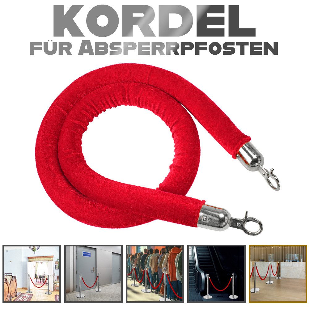 V2Aox Absperrpfosten Absperrkordel 1,50 m Karabinern Samtkordel Personenleitsystem Rot