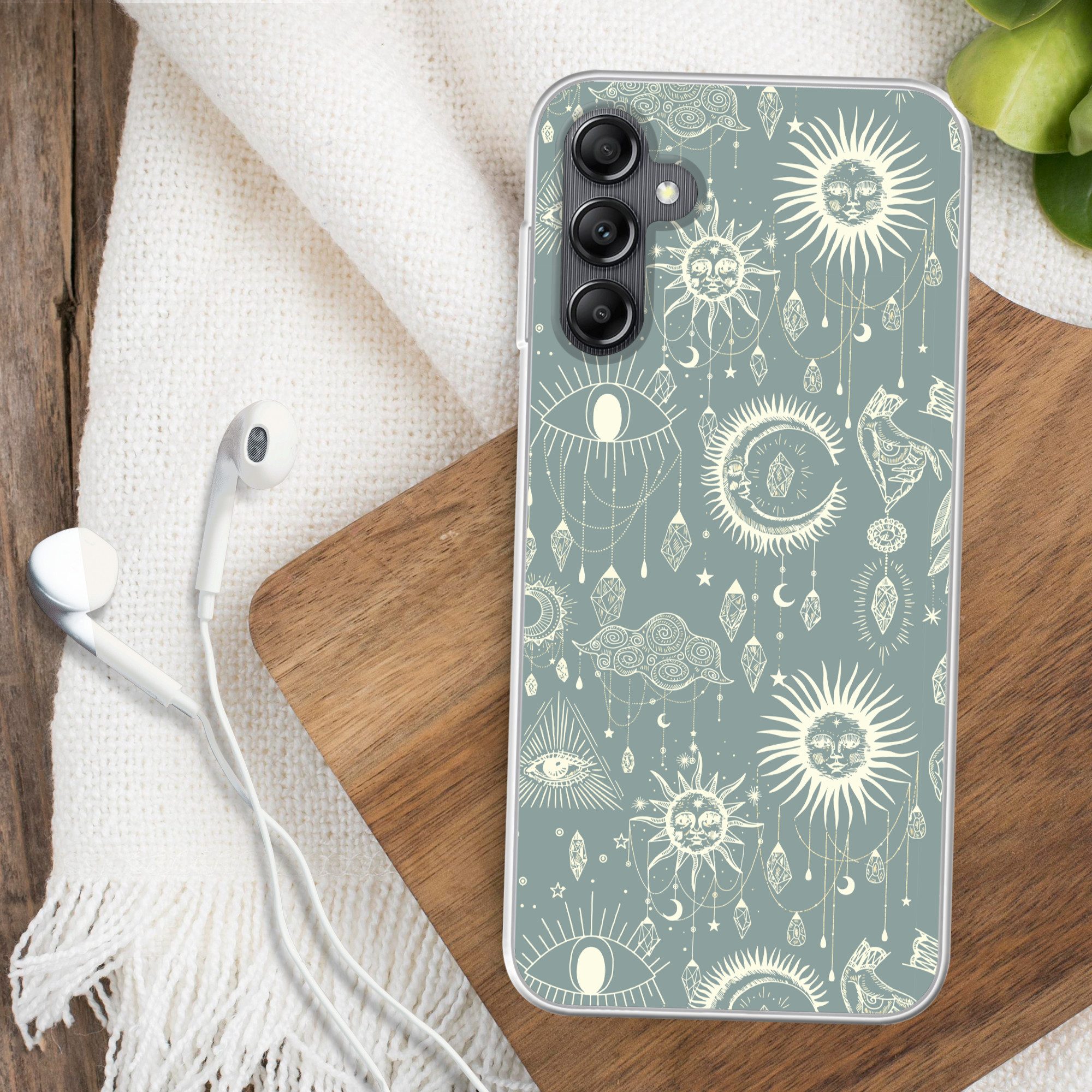 MuchoWow Handyhülle für Samsung Galaxy A14 5G Boho - Druck - Blau - Sonne - Augen - Zen, Smartphone-Bumper, Print, Handy Schutzhülle Dünn