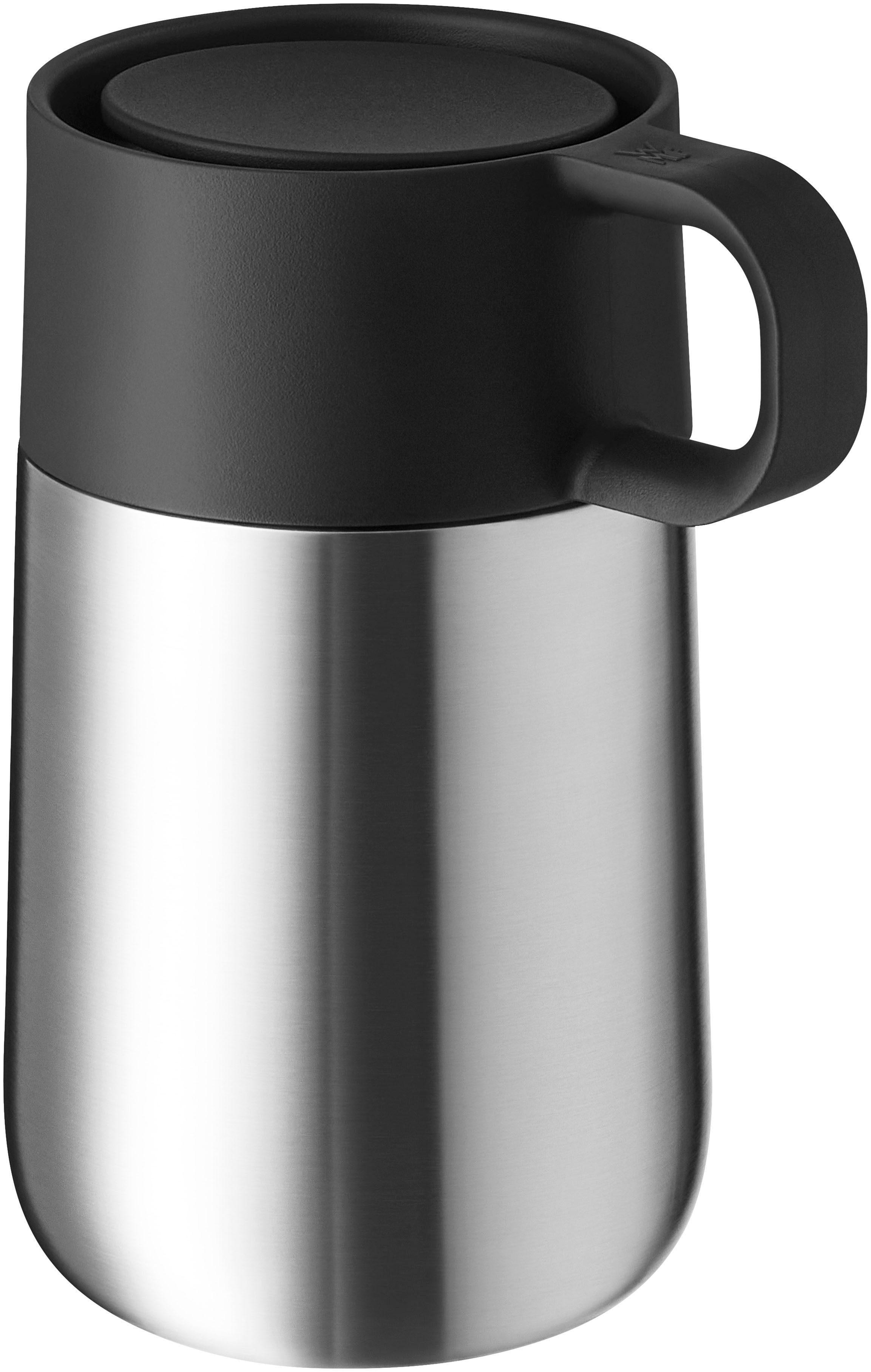 WMF Thermobecher Impulse Travel Mug, Cromargan® Edelstahl Rostfrei 18/10, Silikon, doppelwandiger Edelstahl, geringe Höhe, 360°-Trinköffnung