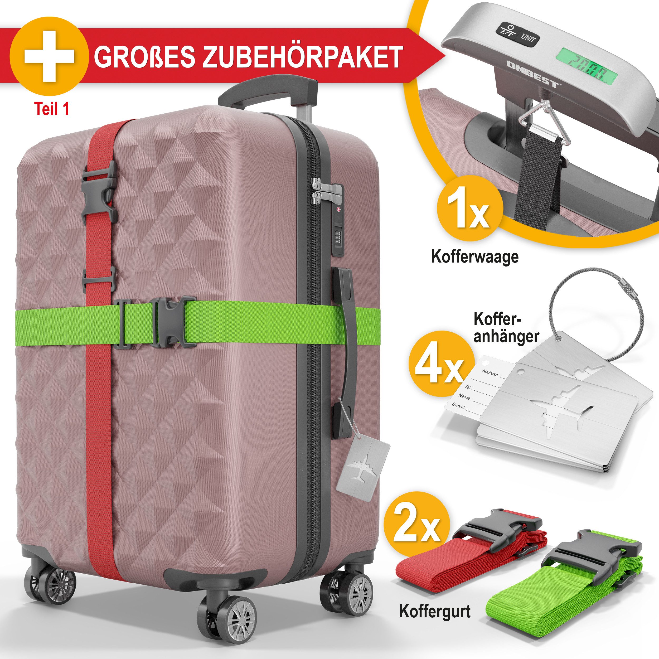 Onbest Kofferset 4er Hartschalen Trolley PREMIUM S-M-L-XL TSA-Schloss, (4 tlg), Mit sehr viel Zubehör, USB-C Anschluss