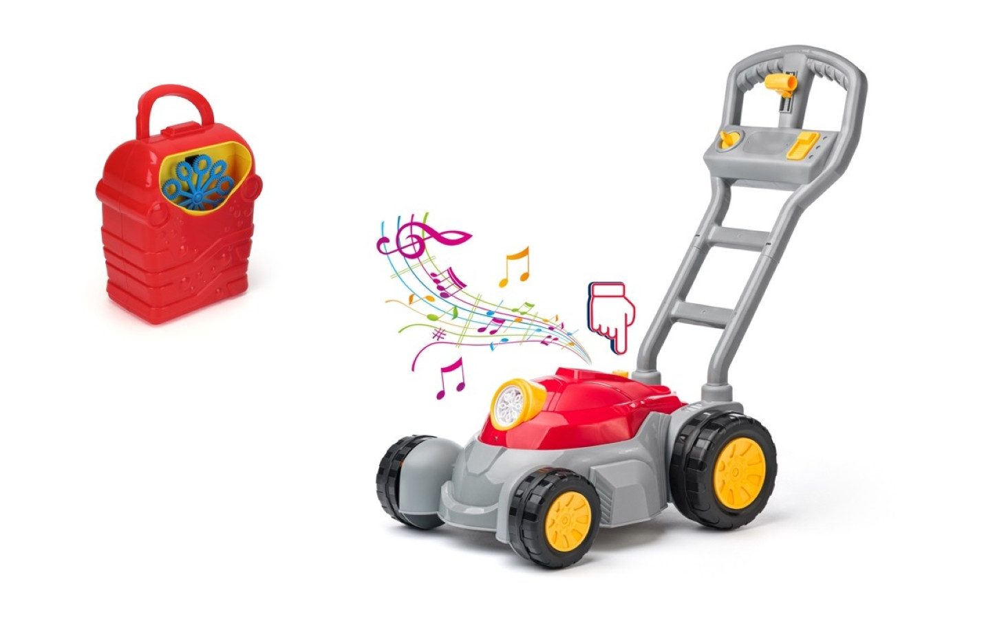 Woodyland Seifenblasenspielzeug Seifenblasenmaschine und Seifenblasenrasenmäher mit Licht + Sound, 2 Geräte in einem Set. Viele Seifenblasen erzeugen.