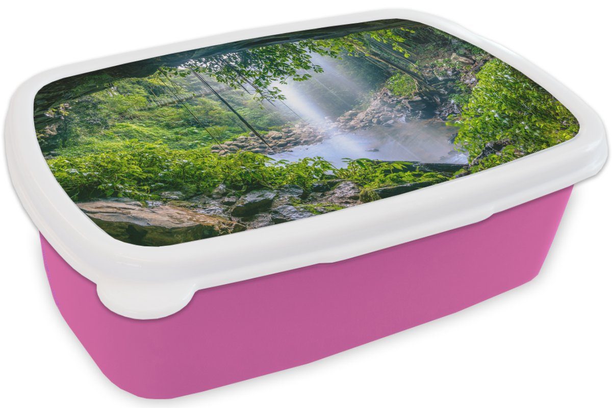 MuchoWow Wasserfall Brotbox Kinder, (2-tlg), Regenwald Kunststoff, - Wasser Dschungel Kunststoff Mädchen, Lunchbox Brotdose - - Erwachsene, rosa für Pflanzen, - Snackbox,