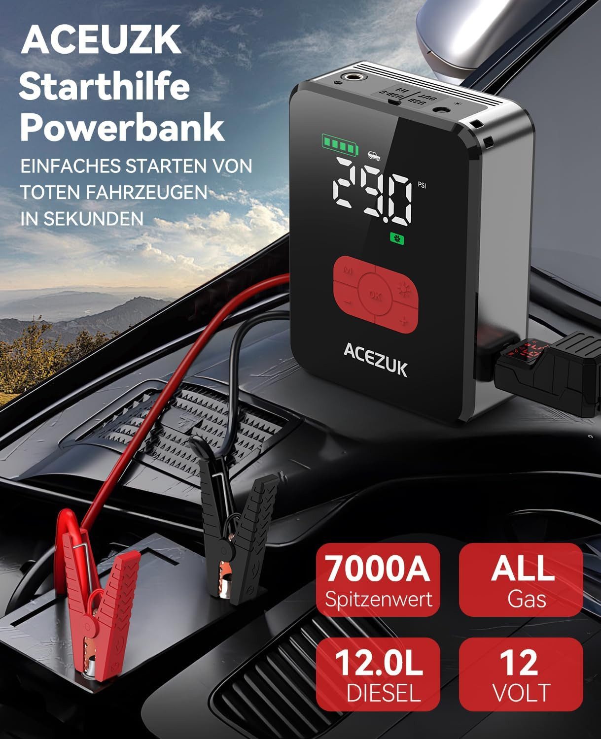 Acezuk Starthilfegerät Auto-Starthilfe 7000A Luftkompressor 26800 mAh (12, 26,8 V), 3 in 1 Booster mit 150 PSI Kompressor & 3,3″ Display