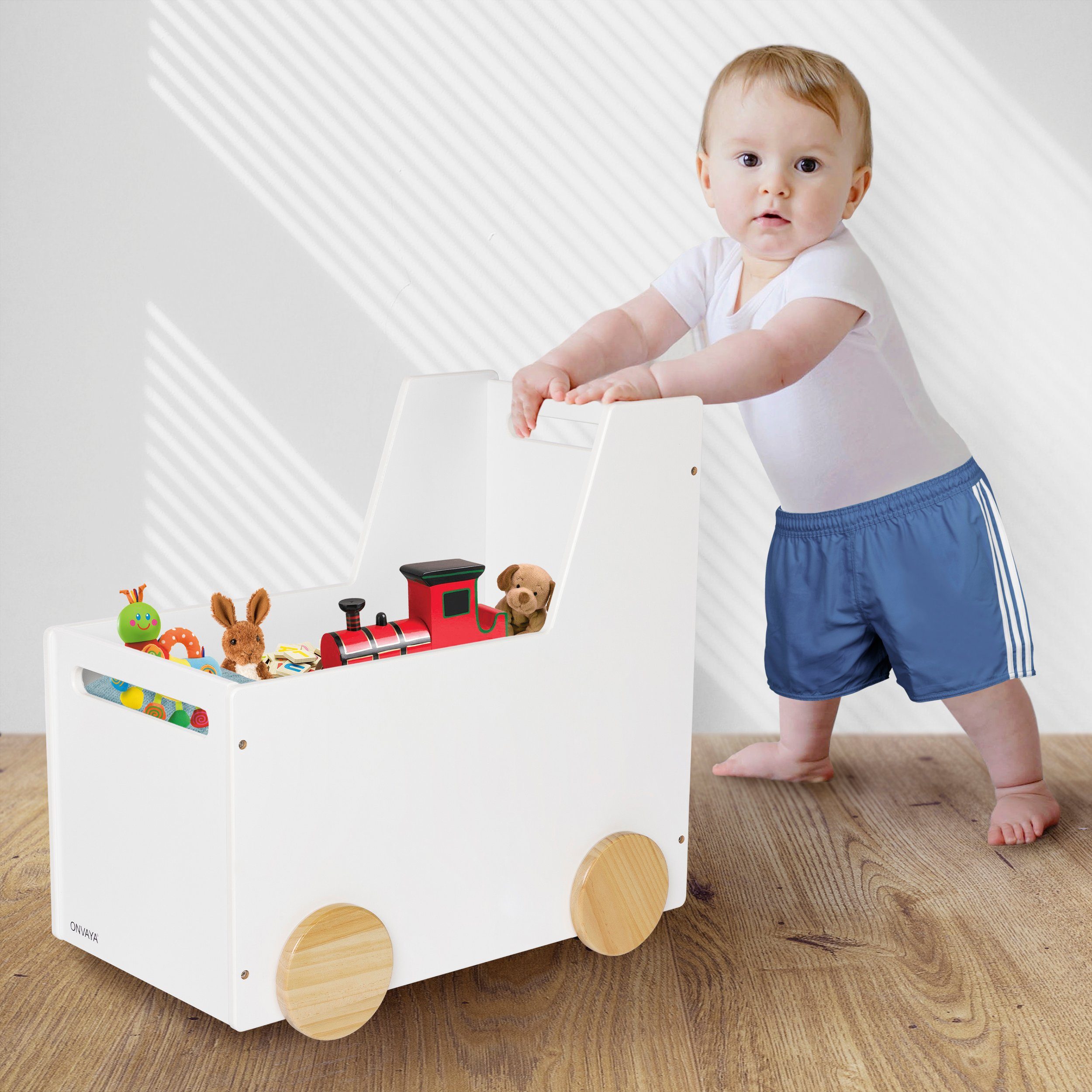 ONVAYA weiß Lauflernwagen aus Gummirädern Spielzeugkiste mit ONVAYA® Holz, Lauflernwagen