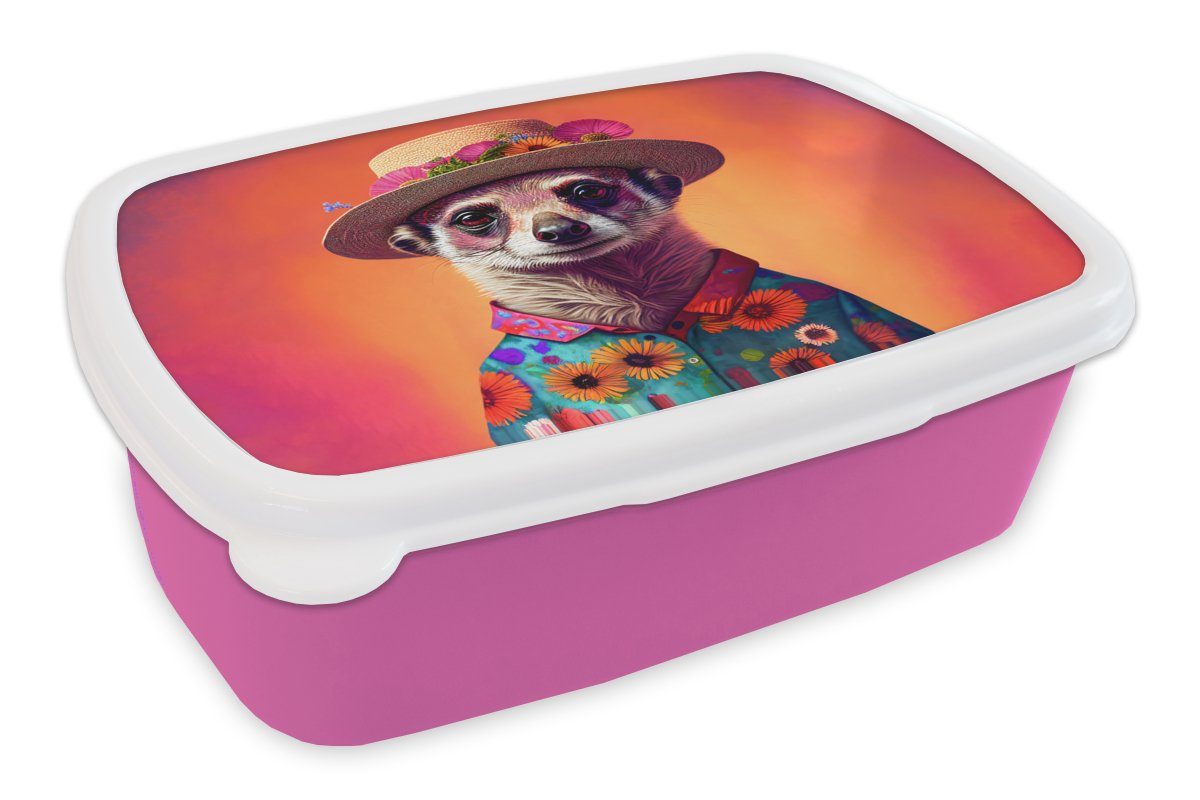 MuchoWow Lunchbox Erdmännchen - Blumen - Hut - Tiere - Porträt - Erdmännchen, Kunststoff, (2-tlg), Brotbox für Erwachsene, Brotdose Kinder, Snackbox, Mädchen, Kunststoff rosa