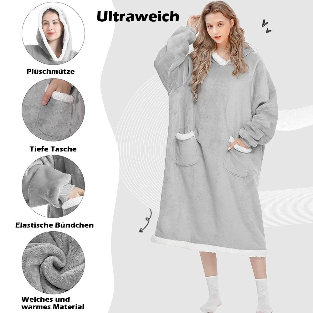 Wohndecke Extra Lange Kuscheldecke, Decke mit Ärmeln und Kapuze Wearable Decke, TUWENA, 120/150cm Tragbare Deckenhoodie Unisex Flanell Fleece Oversized Decke